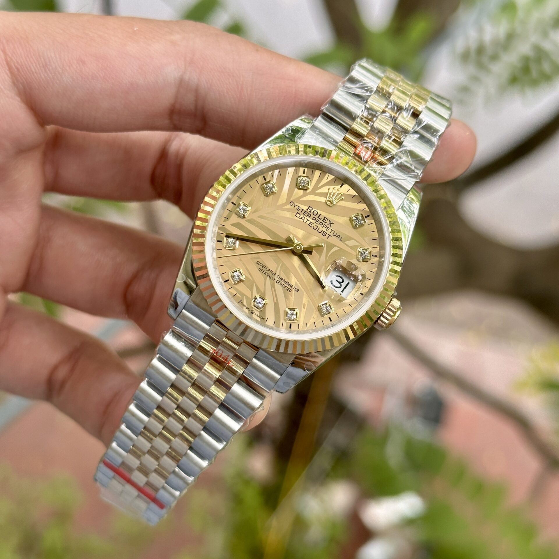 Rolex DateJust 18K Gold Wrapped Replica Watch Palm Leaf Dial GM 36mm - Elite Watch Atelier