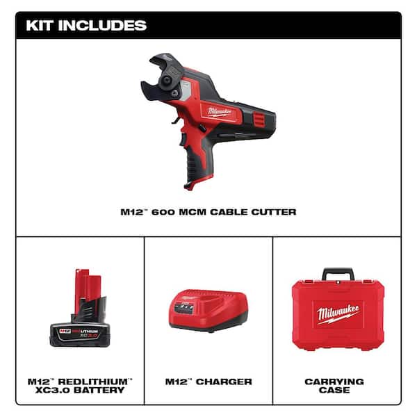 M12 12V Lithium-Ion Cordless 600 MCM Cable Cutter Kit with One 3.0Ah Battery, Charger and Hard Case - Image 2
