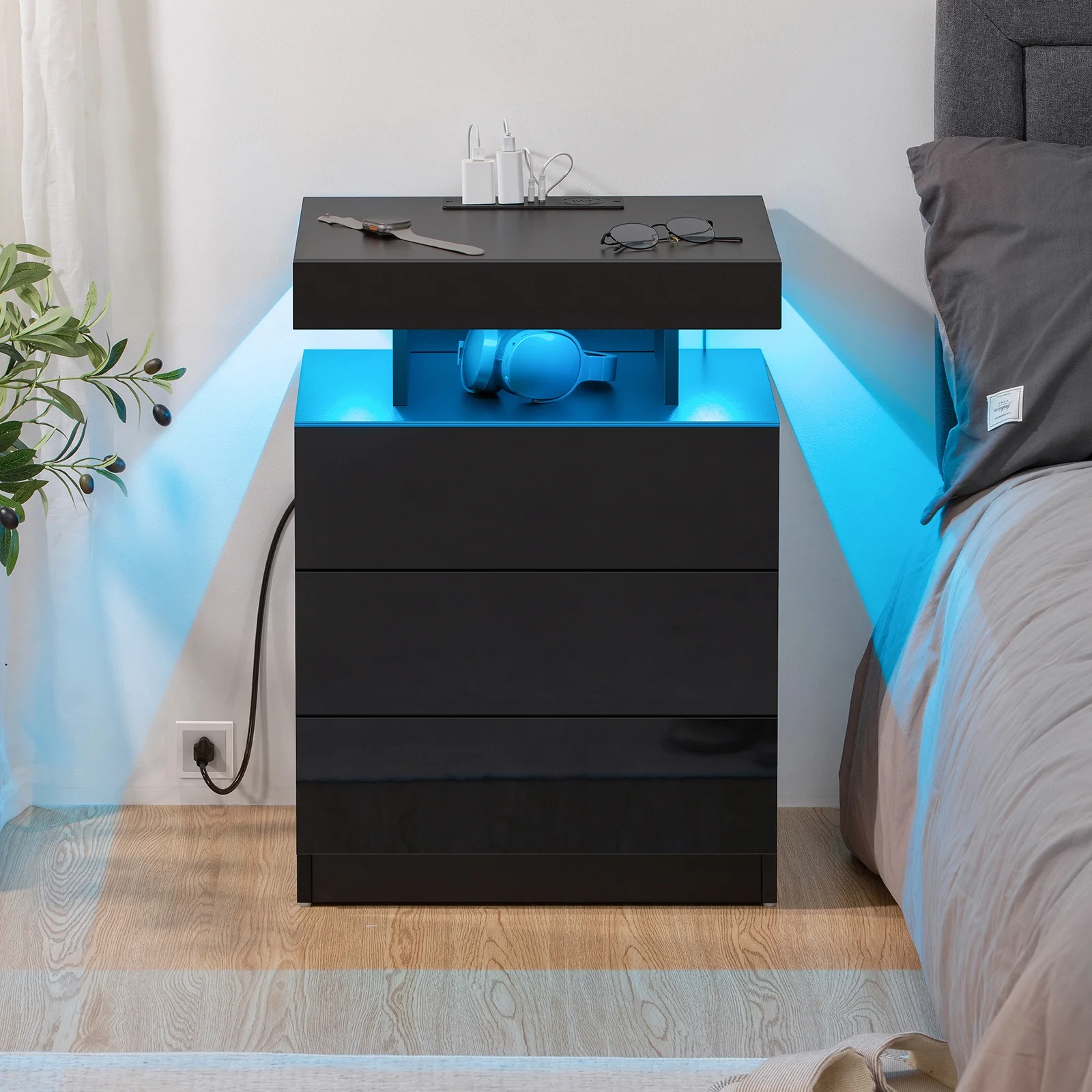 Hommpa LED Nightstand Wireless Charging Station USB Type C Outlets Bedside Table 3 Drawers Black Night Table Modern Smart Nightstand High Gloss End Side Table for Bedroom Furniture 26.8" Tall - Image 6