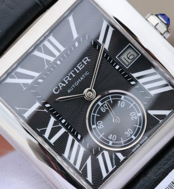 Replica Cartier Tank MC SS Black Textured Dial Black Leather Strap - Elite Watch Atelier