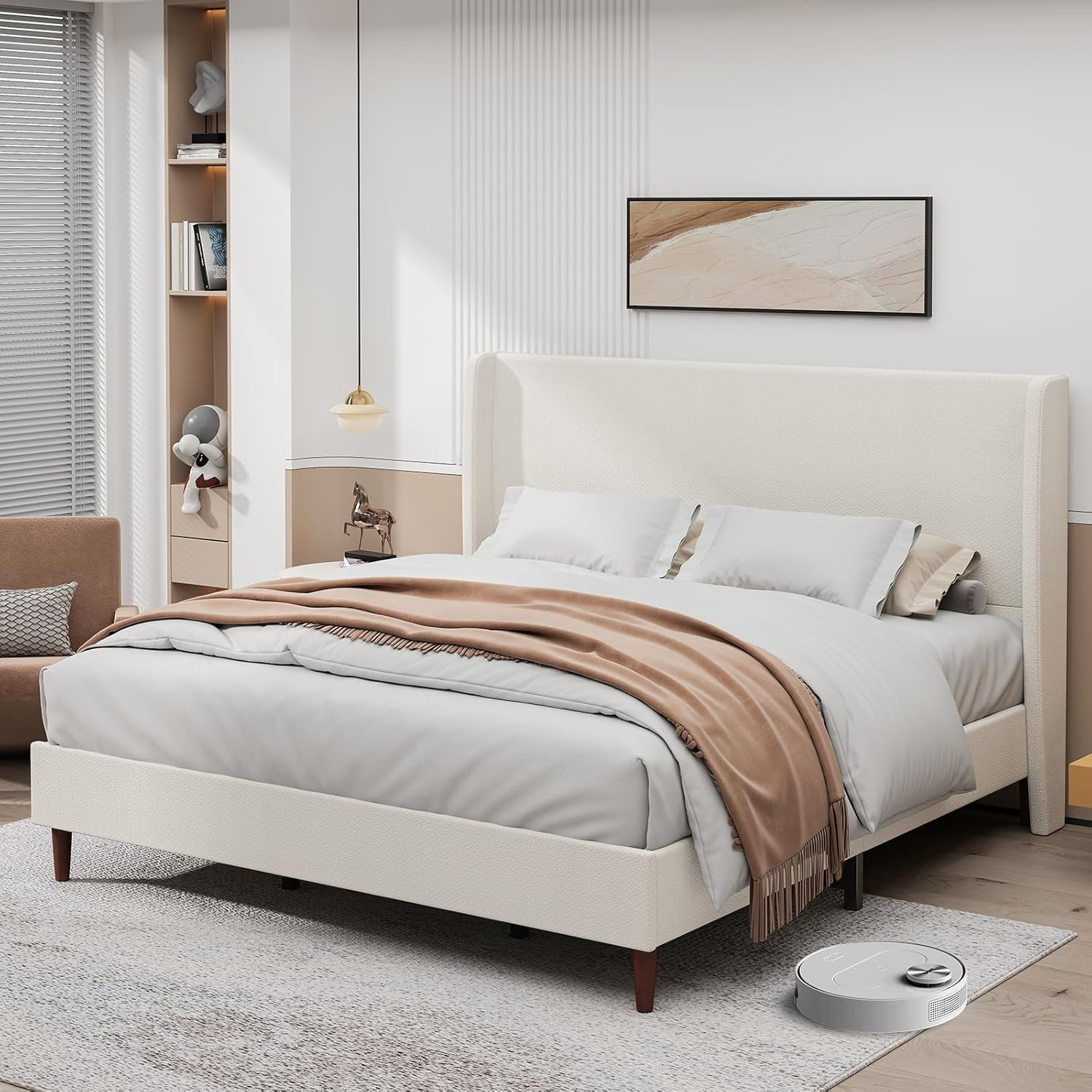 King Size Platform Bed Frame,Upholstered Bed Frame with Wing Side Headboard,Chenille Fabric,Strong Wooden Slat Support, No Box Spring Needed, Easy Assembly, Noise-Free,50.78