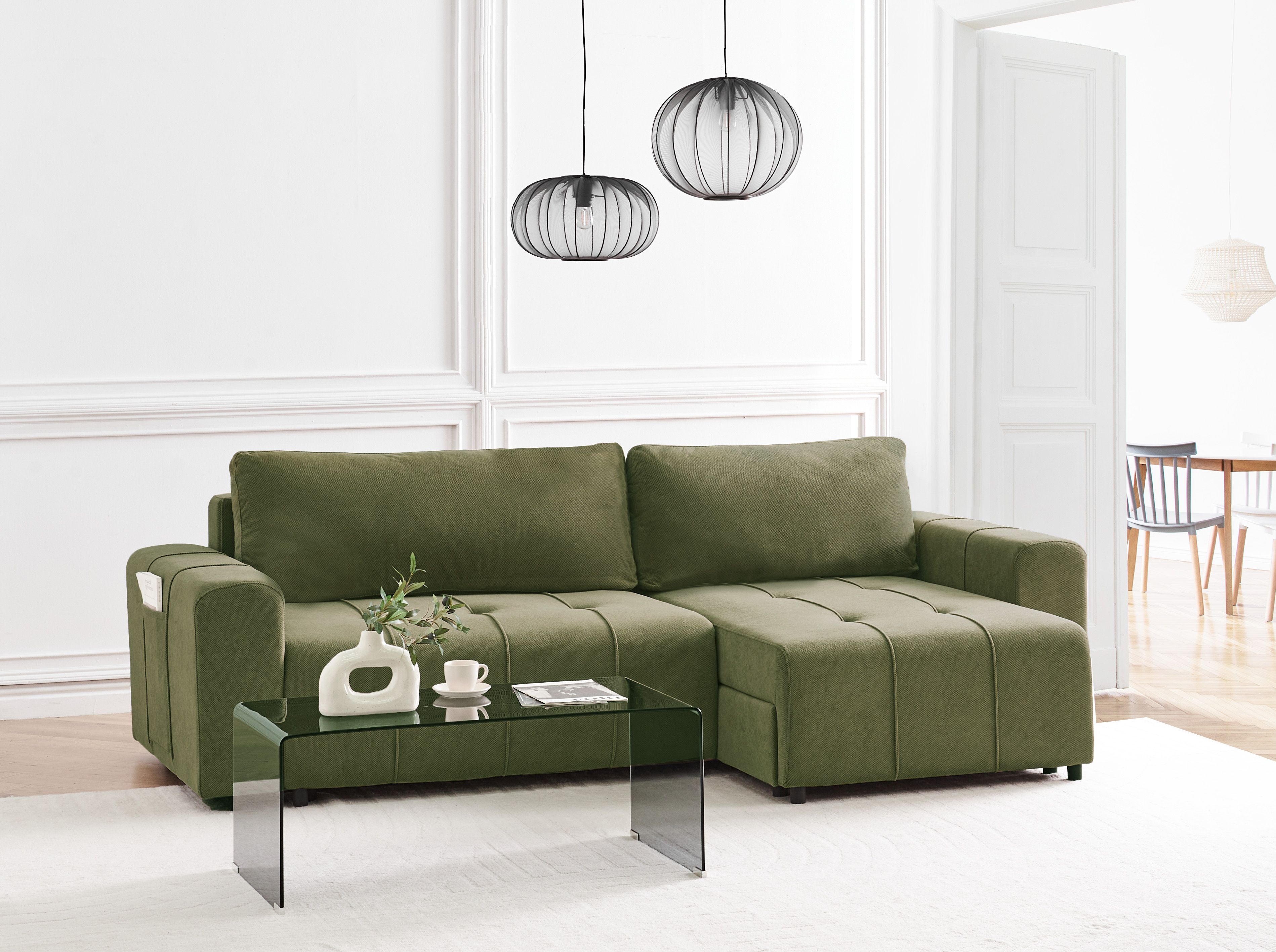 Corner Sofa Bed 3 Seater INNVIK Fabric Green with Storage Left Hand