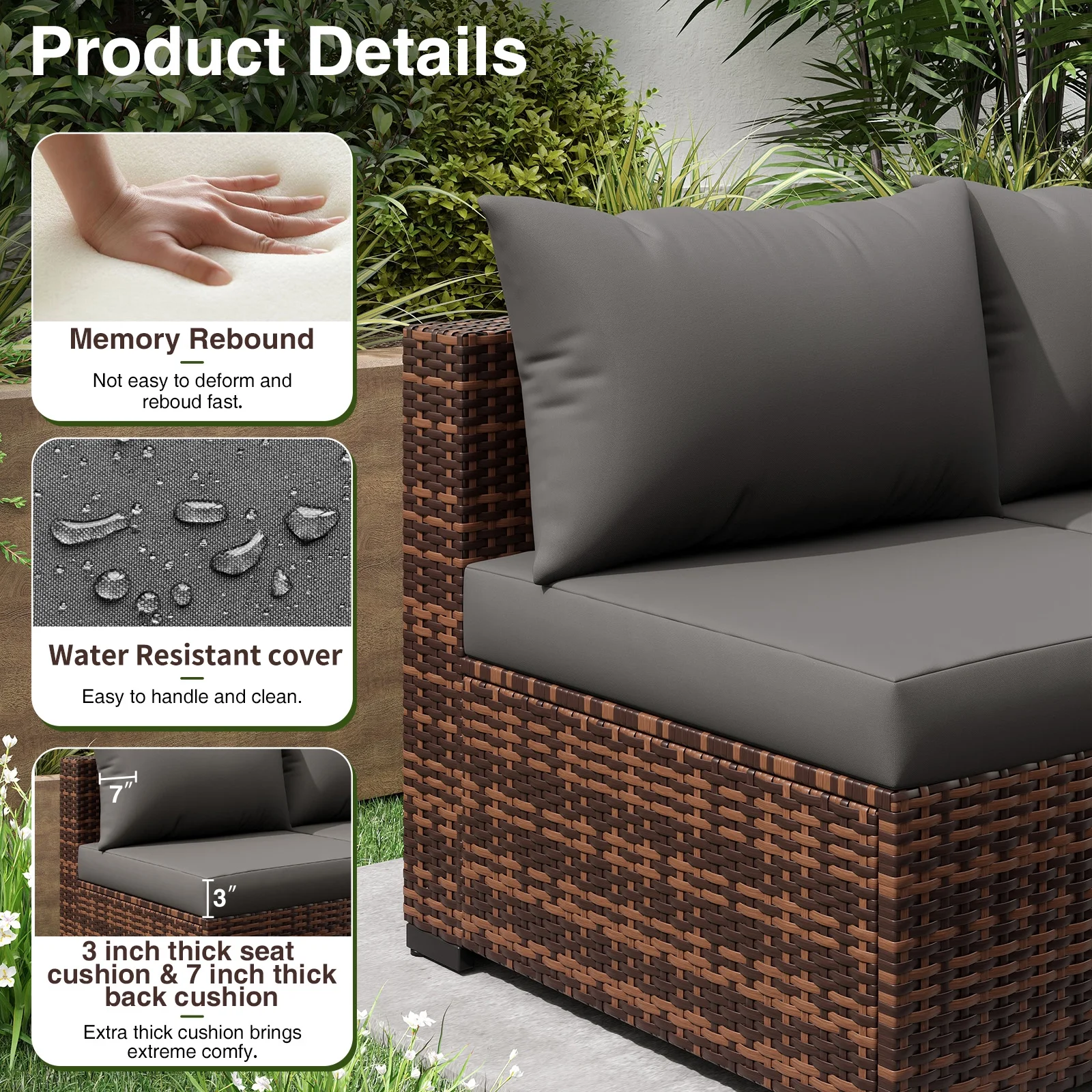 ELPOSUN Patio Furniture Set, Outdoor Patio Furniture Wicker Furniture Couch Set, 5 Pieces Outdoor Sectional Sofa, Patio Furniture Set, Outdoor Patio Set for Balcony Furniture (Grey) - Image 3