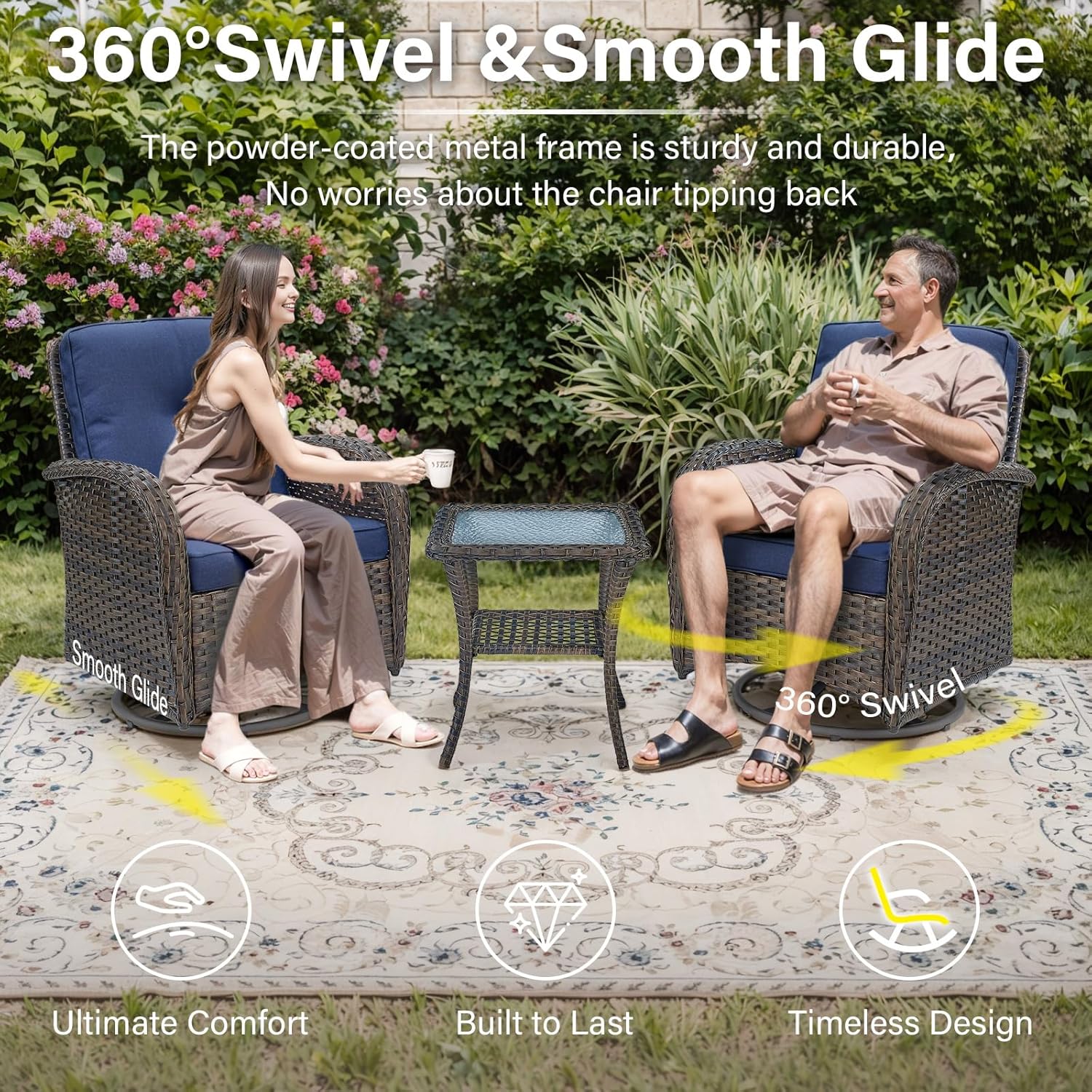 Belord 3-Piece Patio Swivel Rocking Chair Set With Side Table - Brown/Blue - Image 3 Belord 3-Piece Patio Swivel Rocking Chair Set With Side Table - Brown/Blue - Image 3