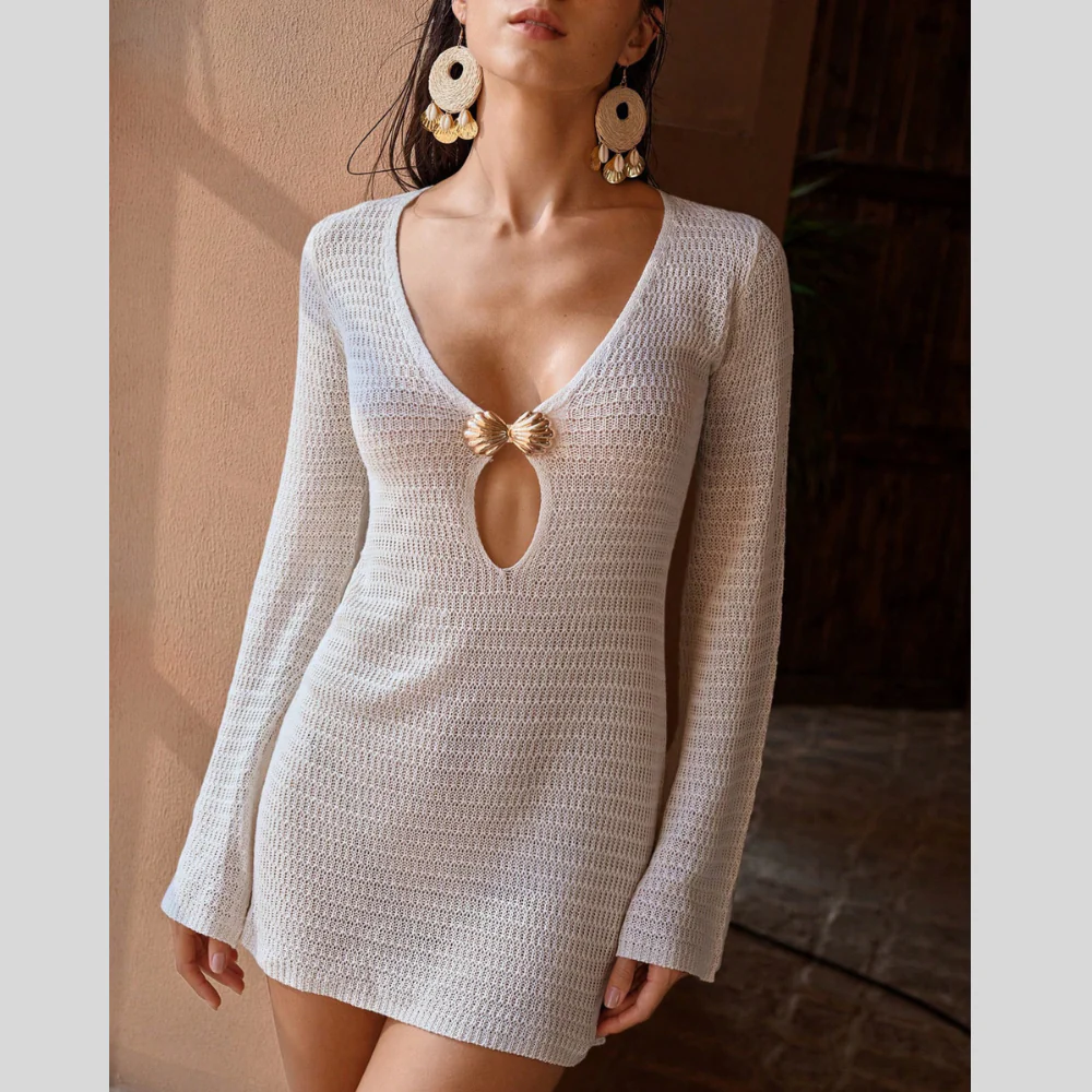 Crochet Knit Long Sleeve Cover-Up Dress - ZKZOOK