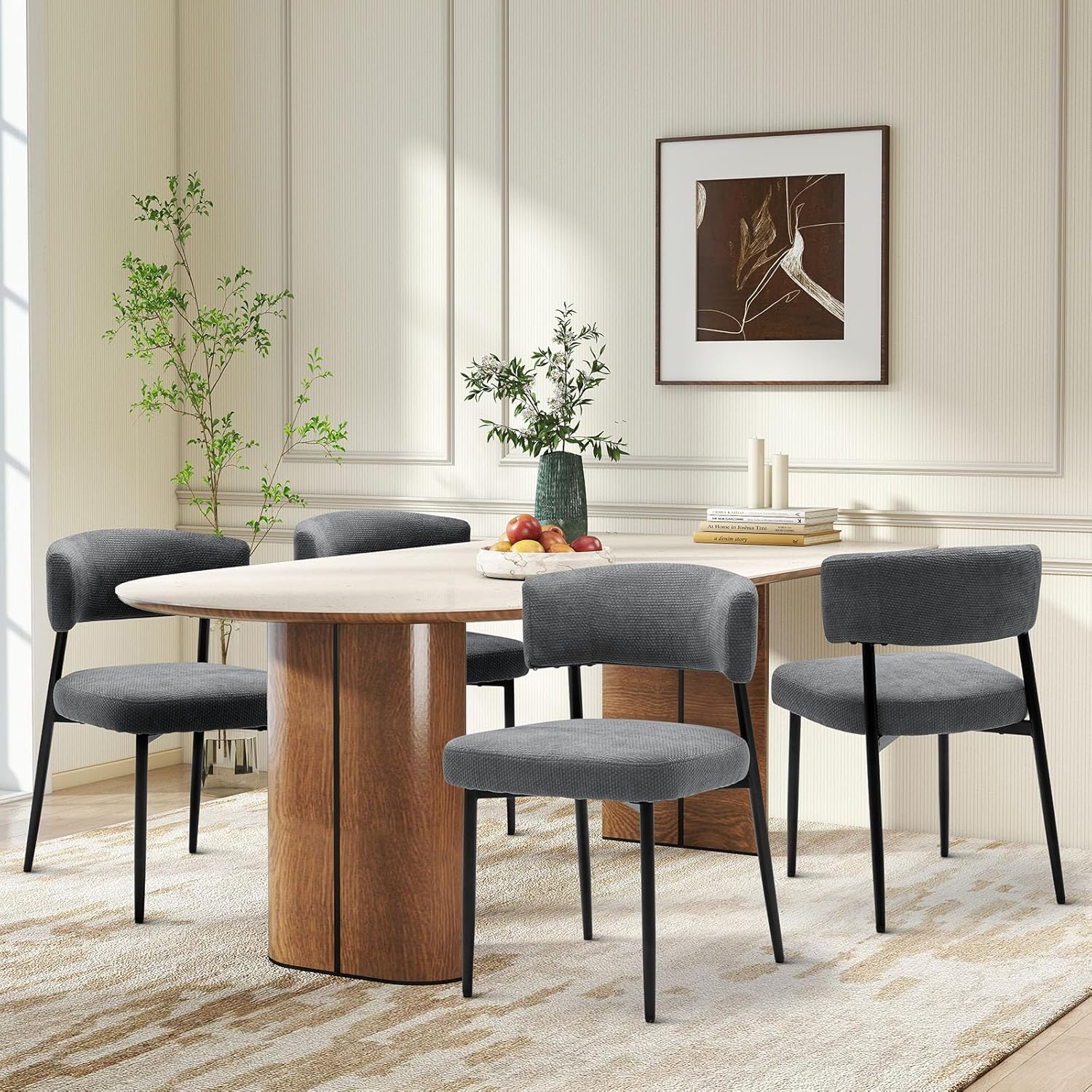 DUMOS Dining Chairs Set of 4, Mid Century Modern Chair Round Upholstered Curved Backrest, Kitchen Vanity Living Room Chairs with Black Metal Legs, Grey