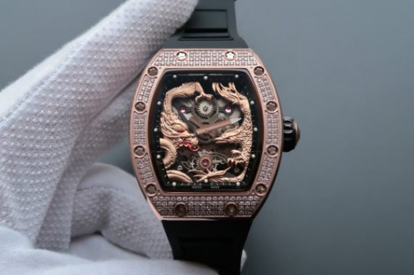 Replica Richard Mille RM057 Dragon Phoenix RG Case Diamonds Bezel RG Dial Black Rubber Strap - Top club