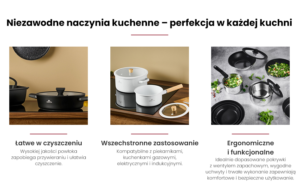Tekst brzmi: „Mistrzowskie naczynia kuchenne - perfekcja w przypadku kuchni”. Kolekcja najwyższej jakości naczyń kuchennych i przyborów kuchennych wyświetlana w formacie siatki przedstawiająca różne garnki, patelnie i akcesoria.