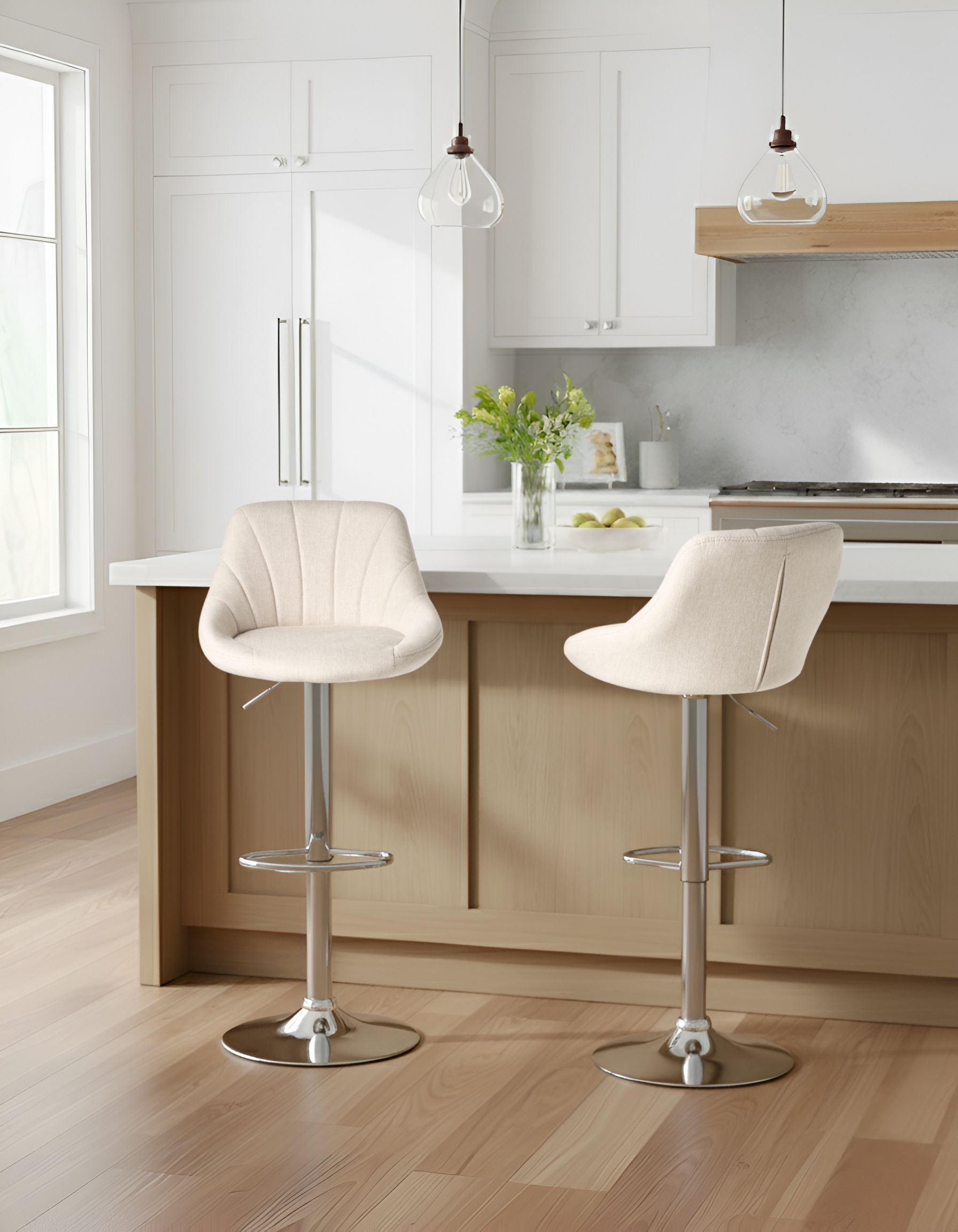 Set of 2 Bar Stools LUCCA Fabric Swivel Light Beige