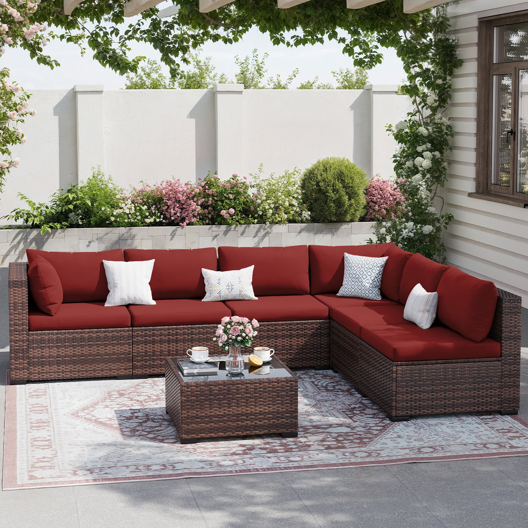 7 Pieces Patio Conversation Set, Outdoor Sectional PE Rattan Wicker Furniture Seat,Dark Gray - Image 13
