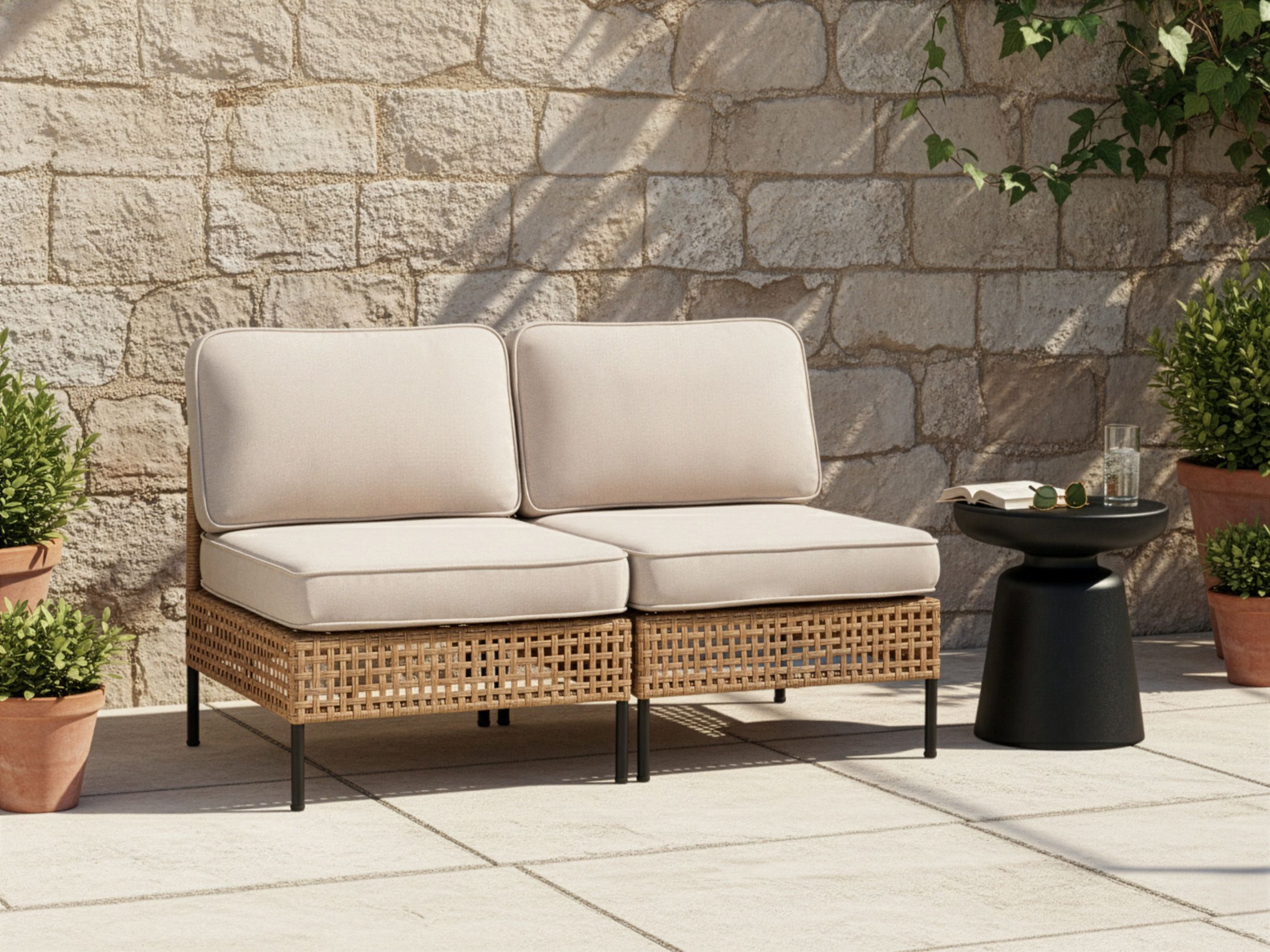 Garden Sofa 2 Seater OMEGANA Armless PE Rattan Light Beige