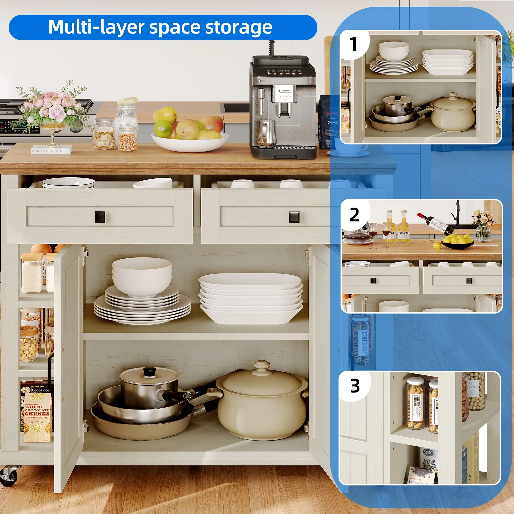 Uforic Kitchen Island Cart, Kitchen Storage Cart with Drawers & Storage Shelves, Off-White