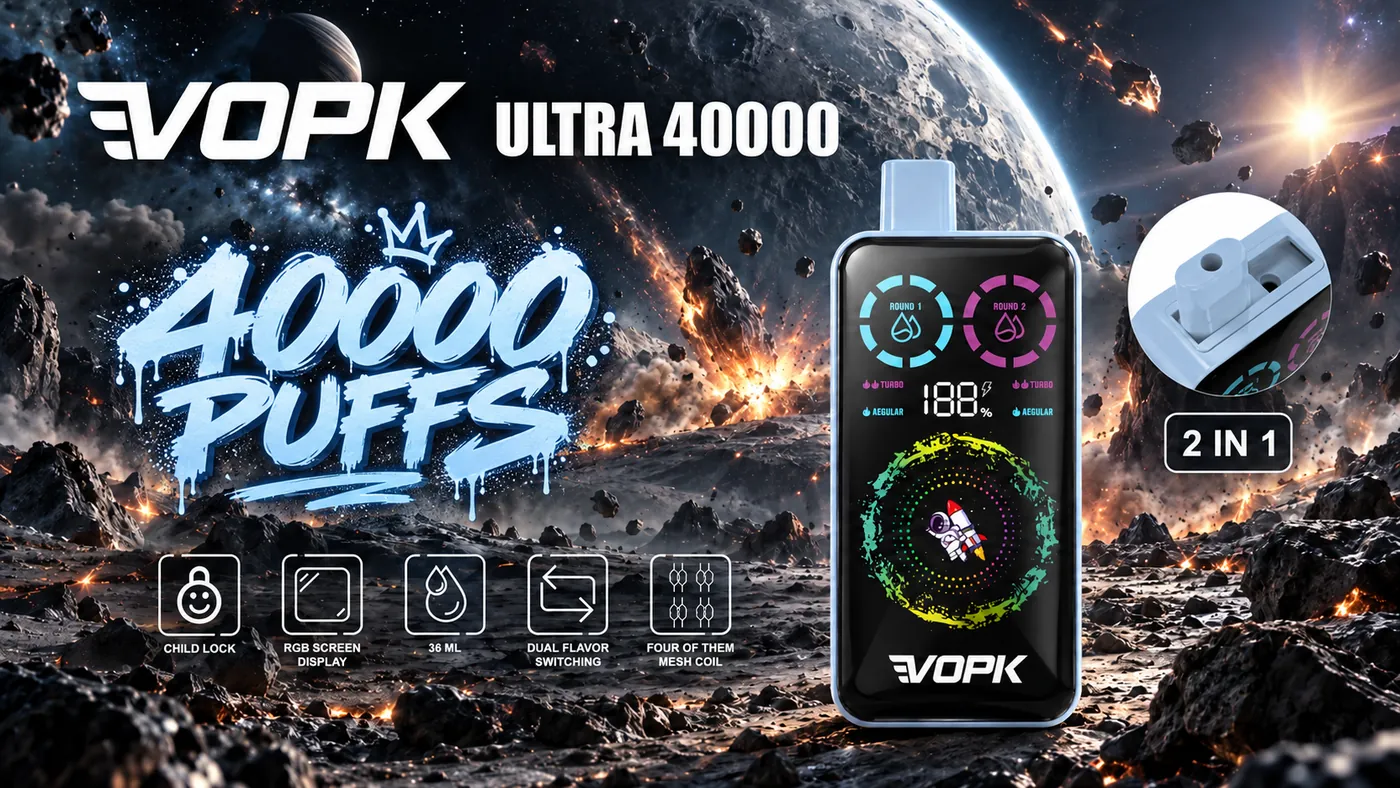 VOPK ULTRA 40 000 puffów 2w1 – blokada rodzicielska, RGB, 36 ml, 2 smaki, 4 grzałki mesh