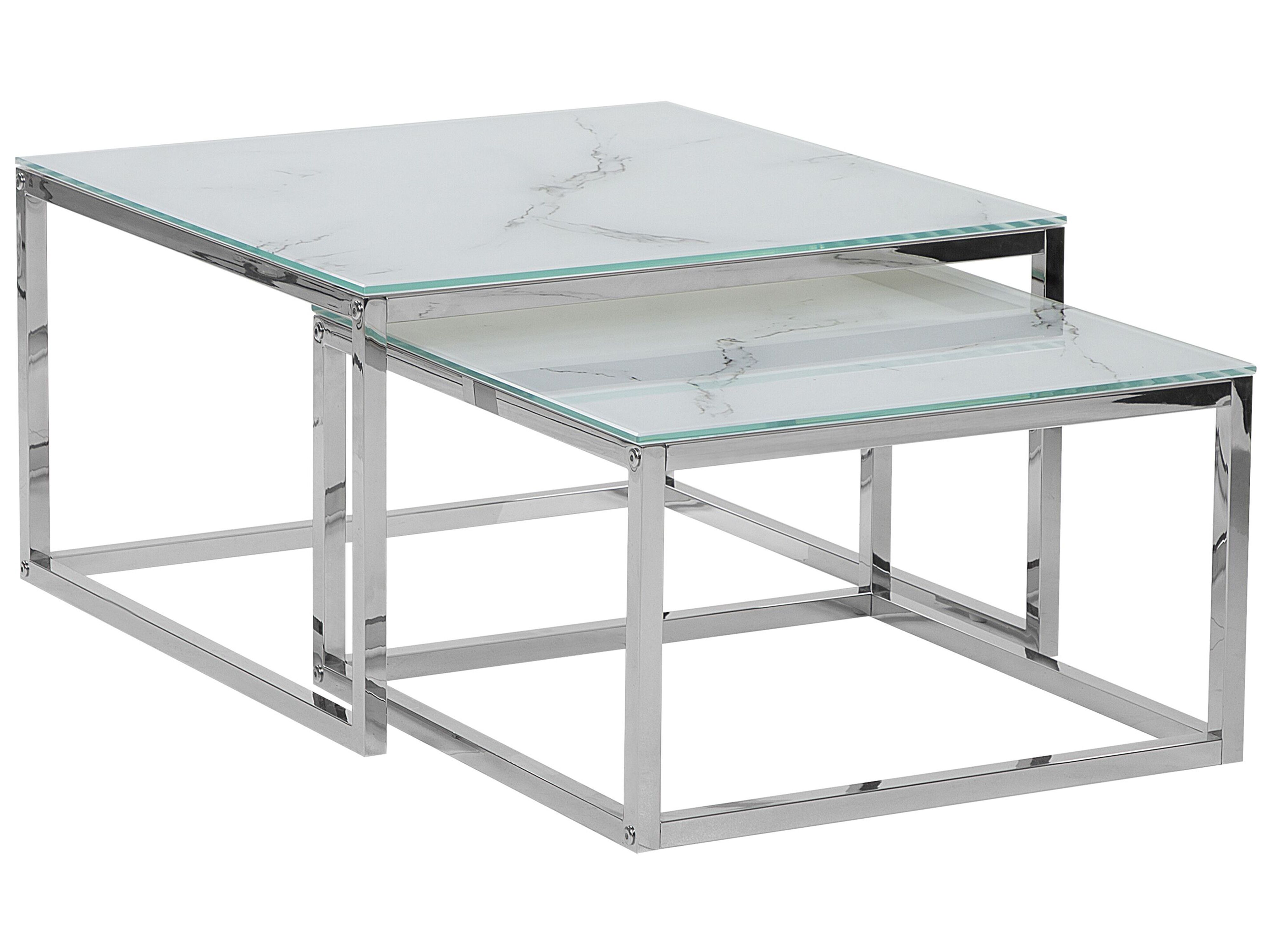Set of 2 Coffee Tables BREA Tempered Glass White Marble