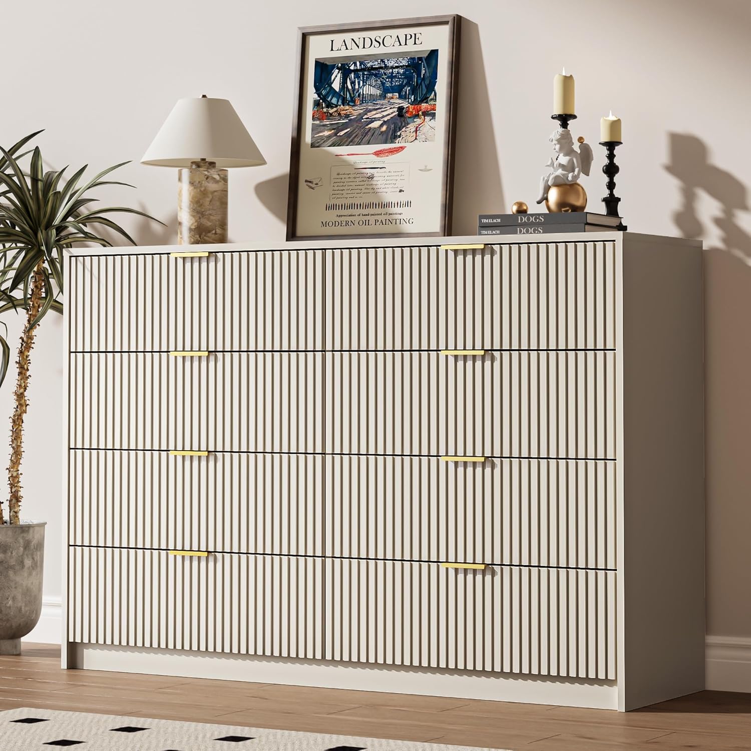 Beige Dresser for Bedroom, 8 Drawer Double Dresser, Modern Chest of Drawers for Bedroom, Living Room, Entryway and Closet, 55