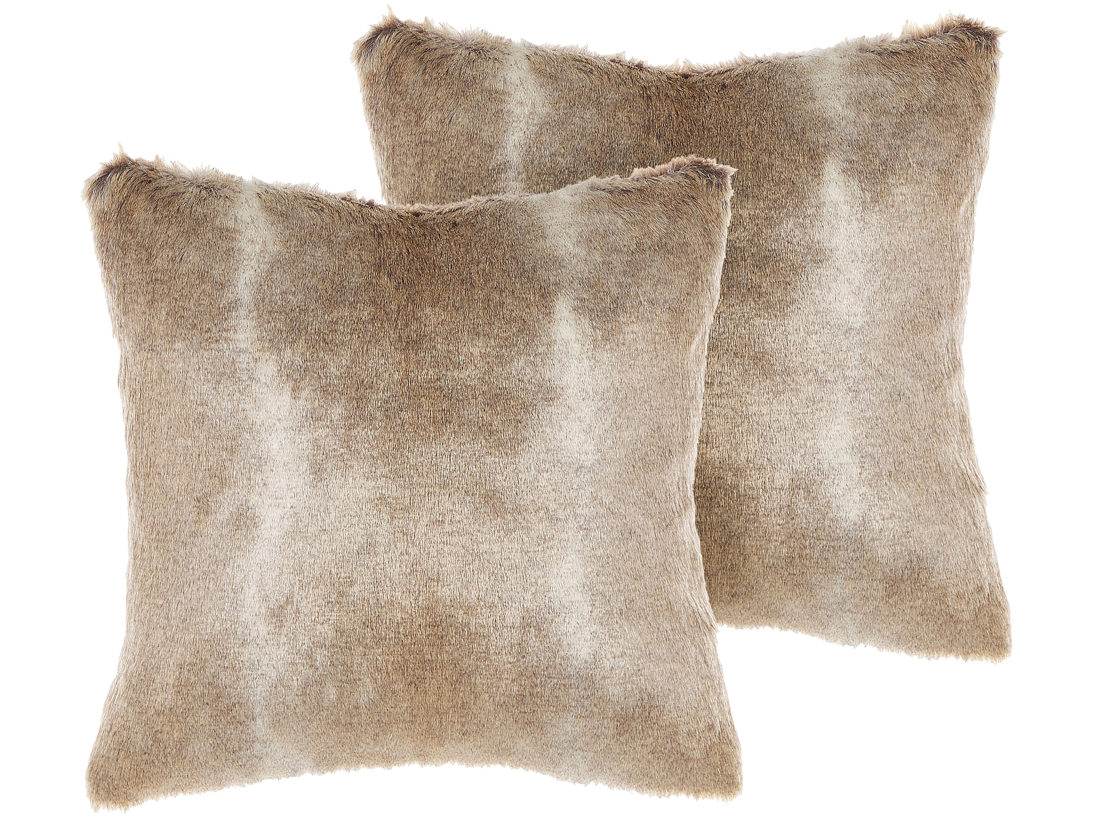 Set of 2 Decorative Cushions HORDEUM Faux Fur 45 x 45 cm Light Brown Solid
