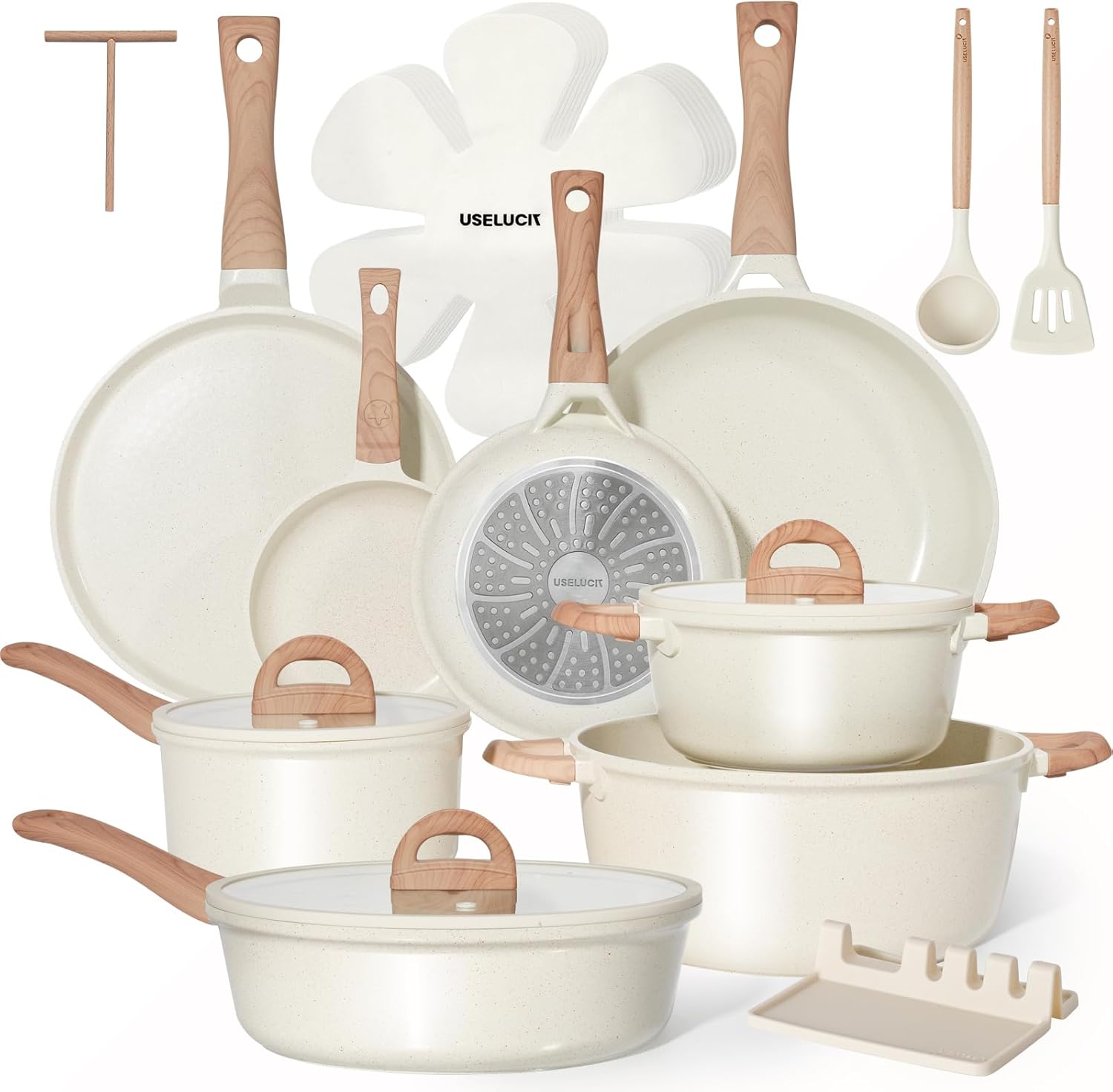 Pots and Pans Set Non Stick Non-Toxic 22 Pcs Ceramic Cookware Sets Nonstick Kitchen Pot&Pan With Lid Cream White Granite Induction Compatible with Glass Lids Crepe Frying Pan PFOA/PFOS-Free