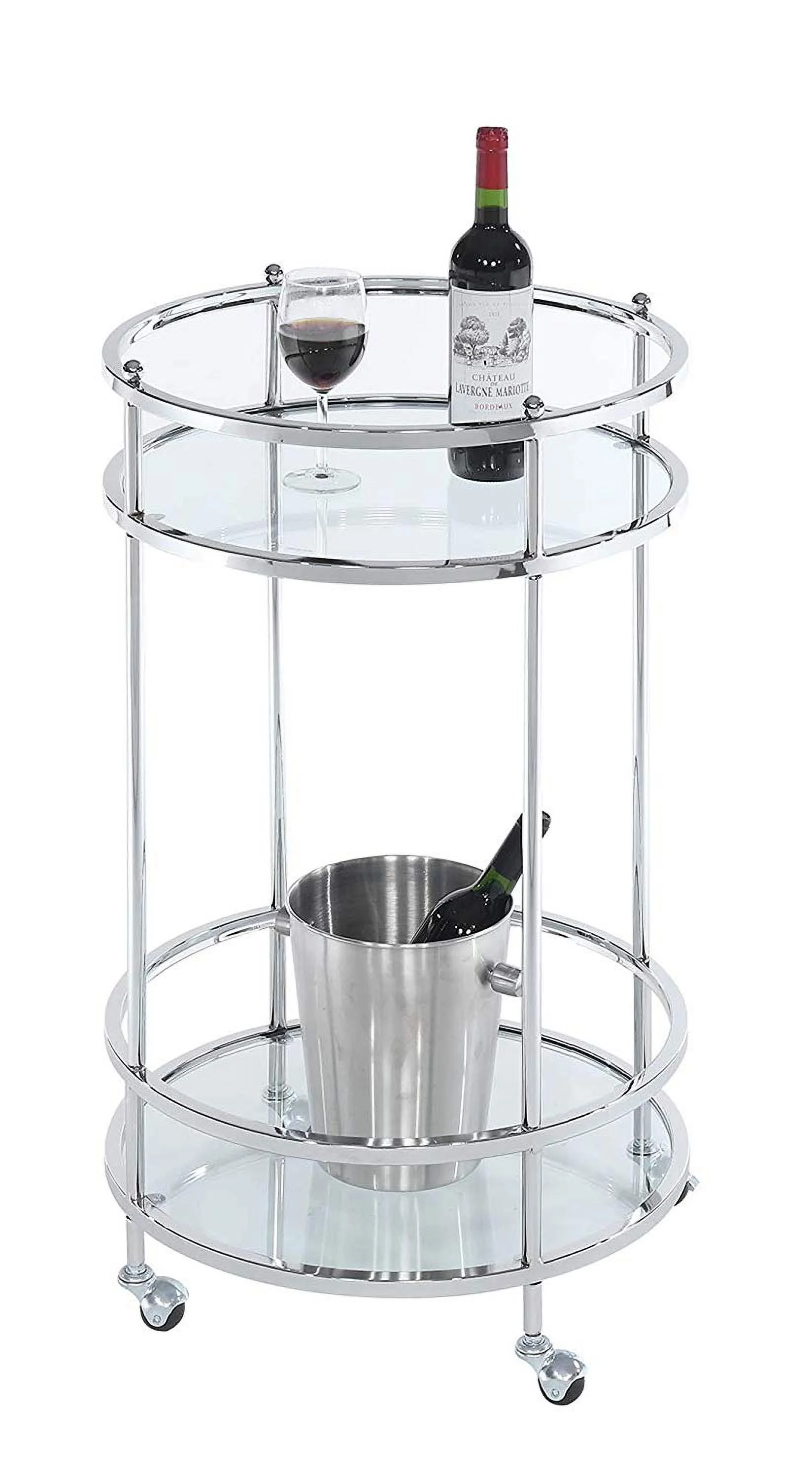Royal Crest Bar Cart With Wheels in Clear Glass and Chrome Metal Frame
