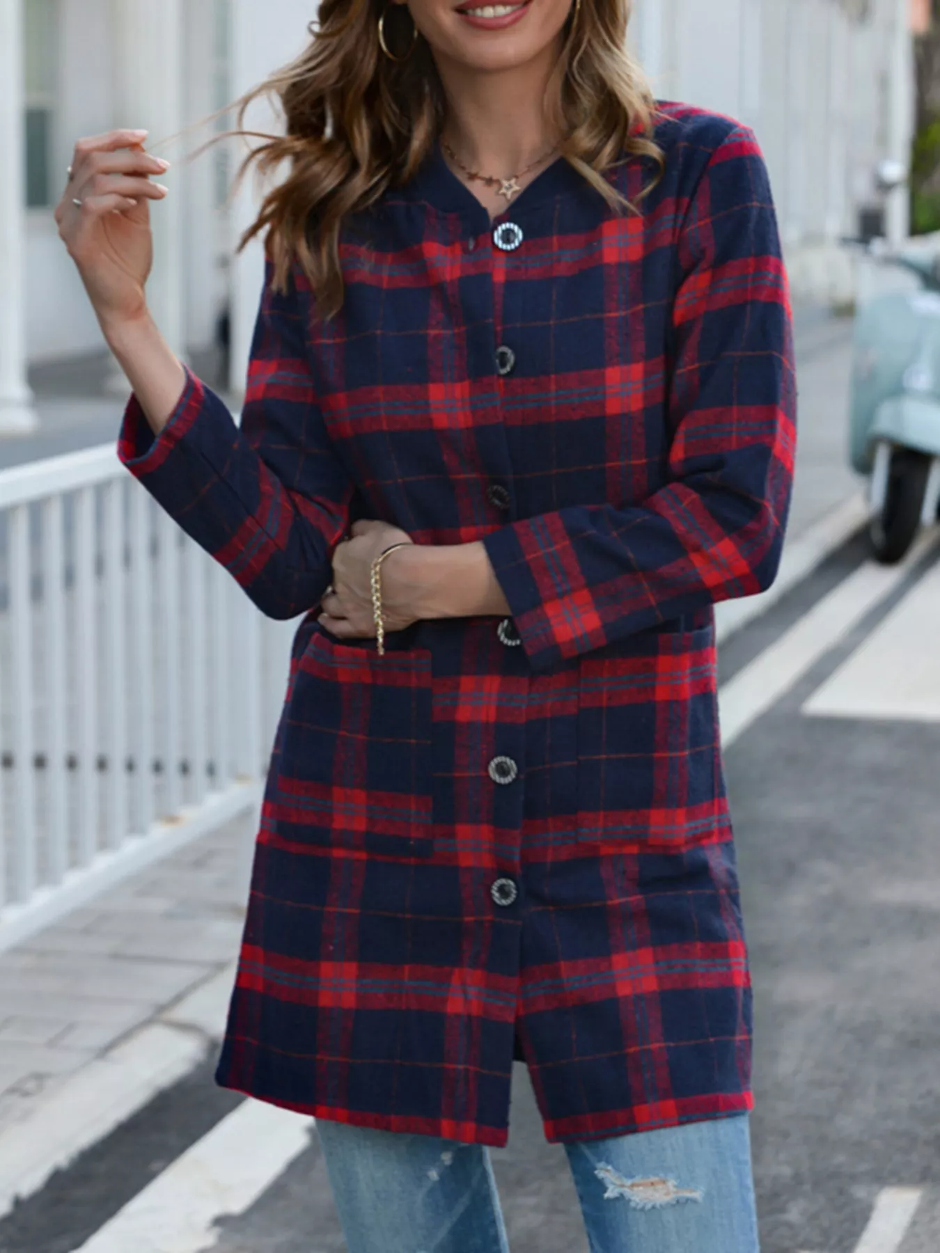 Plus Size Plaid Button-Down Longline Shirt - ZKZOOK