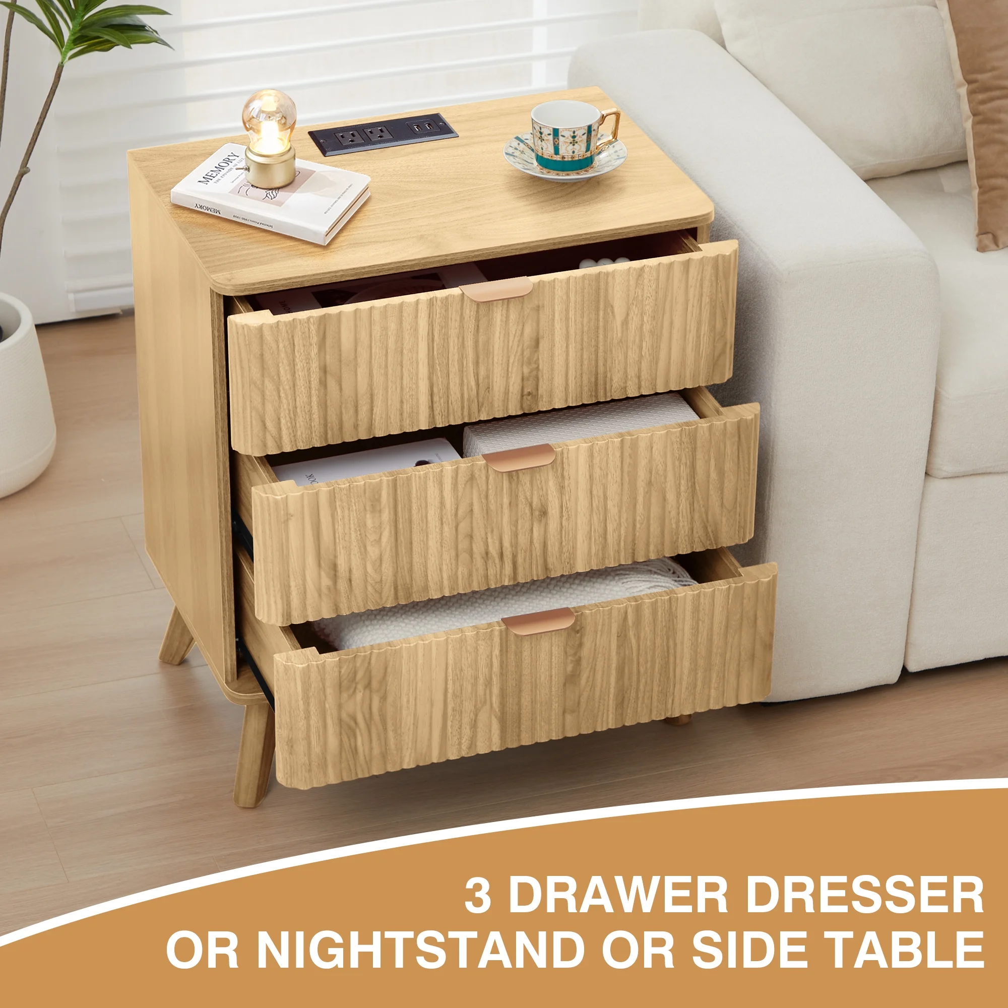YOCWO Fluted Nightstand for Bedroom Set of 2 , Wood Bedside Table Set of 2 with Drawers, Black - Image 41
