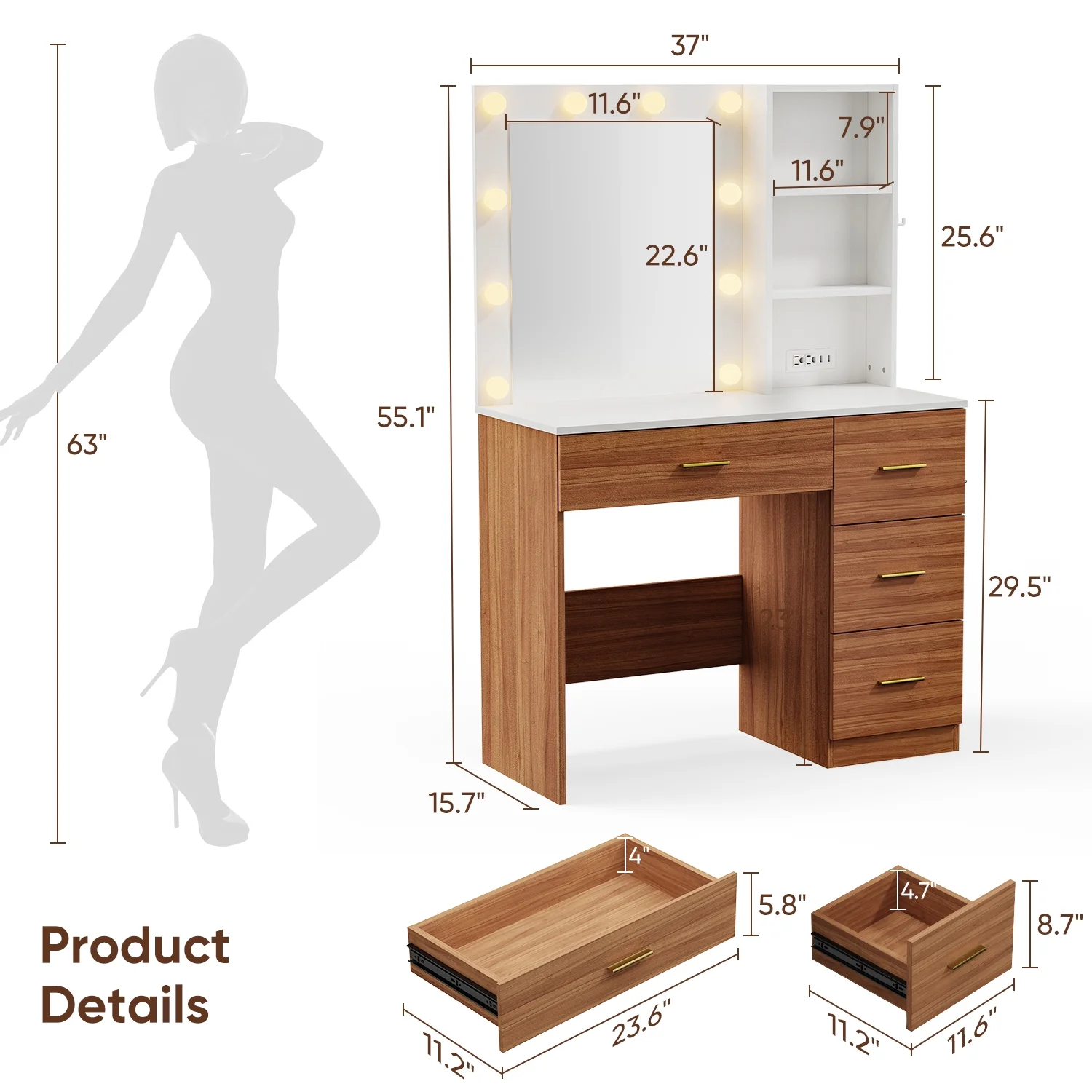 Makeup Vanity with Mirror and 3 Color Lights,Vanity Dressing Table with USB Charging Station,4 Drawers,Open Storage Shelves,White - Image 21