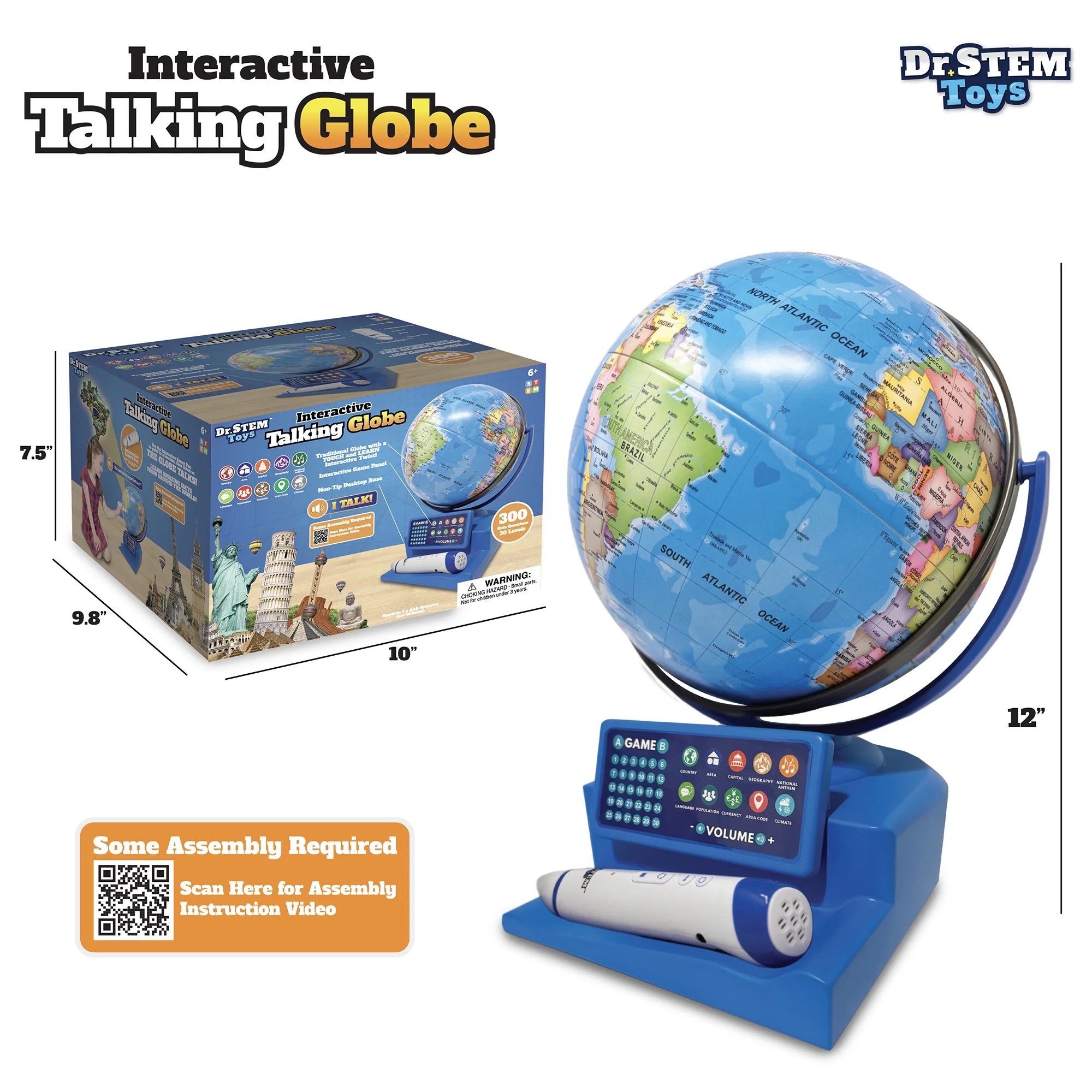 Dr. STEM: Interactive Talking Globe - Touch & Learn, Geographic Education Learning Set, Smart Pen, Electronic Game Panel, 300 Quiz Questions, Kids 6+