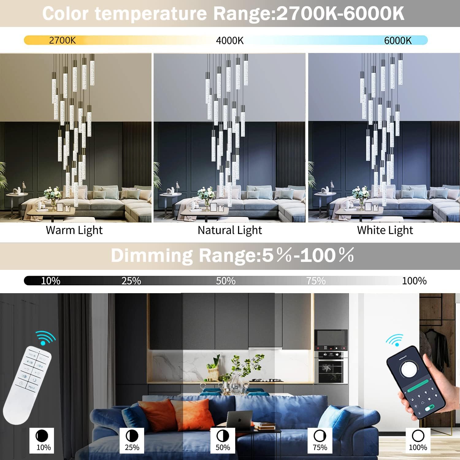 Modern Crystal Chandelier for Living Room, Dimmable Crystal Ceiling Pendant Lights  for Staircase, Lobby, Entryway, Foyer High Ceiling Pendant Lighting, Black 50W 6000K 10-Light