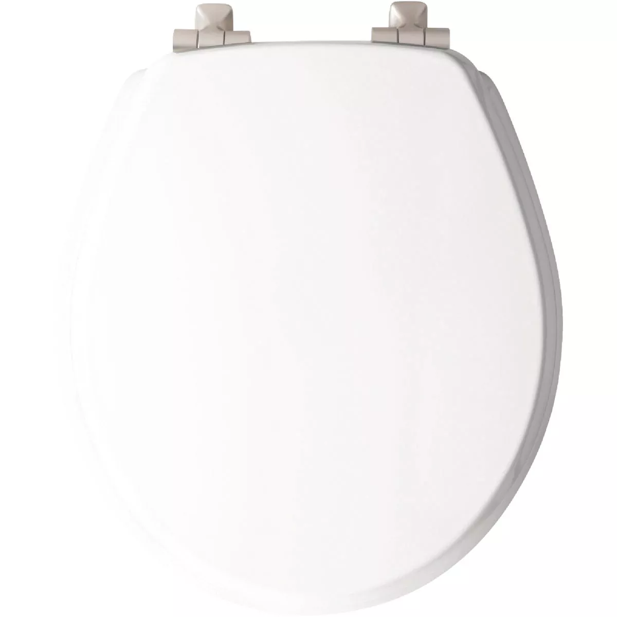 Bemis Mayfair Benton Round White Enameled Wood Toilet Seat with Slow Close Brushed Nickel Metal Hinge