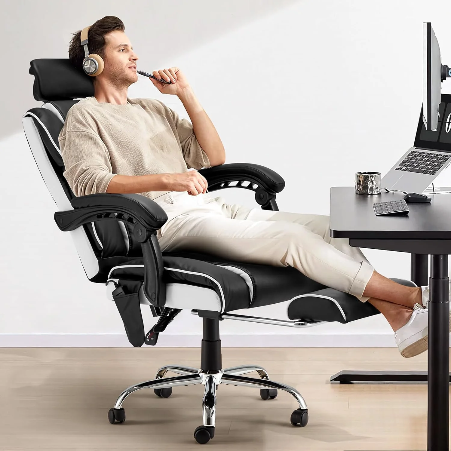 HOMREST 6-Point Massage Office Chair with Footrest, Heated Executive Office Chair with Reclining Backrest, Ergonomic Gaming Chair with Padded Armrest, Black