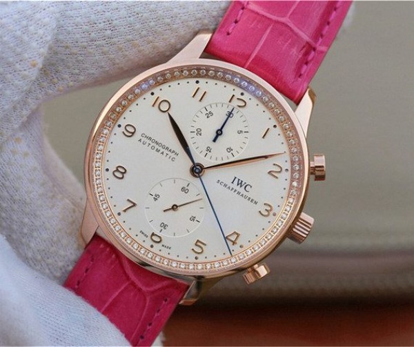 Replica IWC ZF Portuguese Chrono IW3714 RG White Dial Diamonds Inner Bezel - Elite Watch Atelier