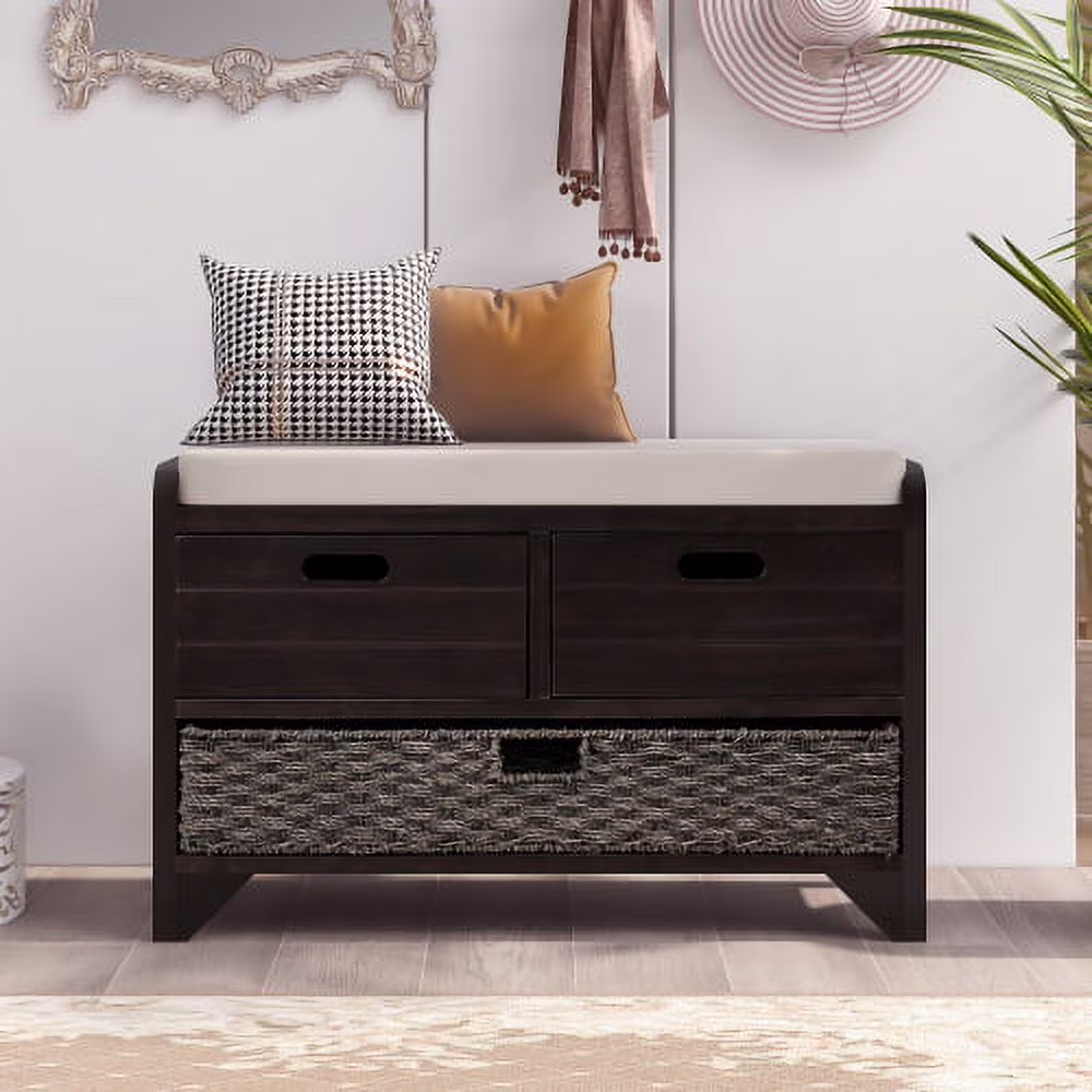 Solid Wood Storage Bench, Narrow Entryway Bench with 2 Drawers and Removable Basket, Classic Accent Shoe Bench with Storage and Removable Cushion for Hallway Living Room, Fully Assembled, Navy - Image 3