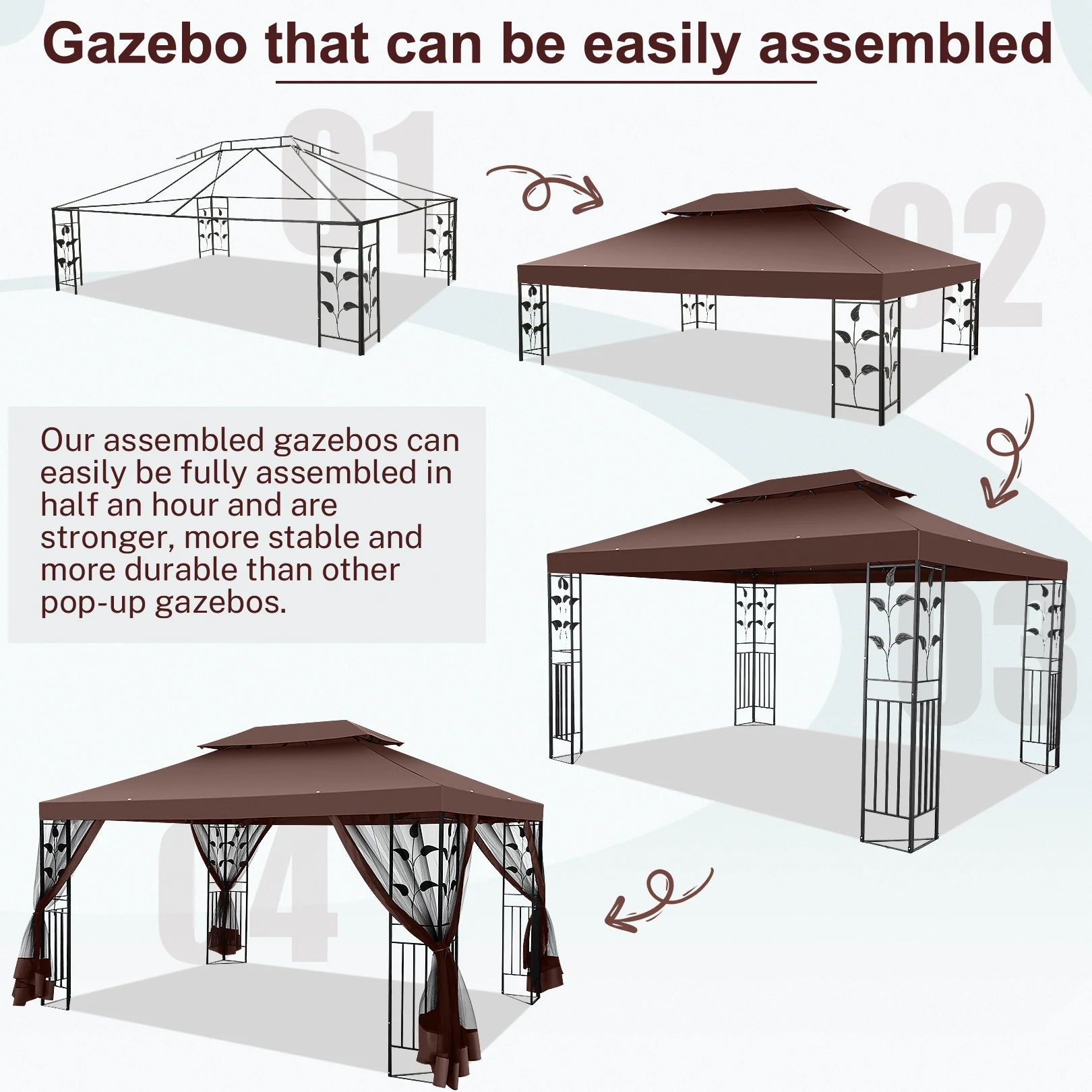 SANOPY 10'x13.3' Metal Patio Gazebo, Outdoor Gazebo Canopy Tent for Backyard with Mesh Curtains, Gazebos Shelter with Display Shelves, Steel Frame, Patio Covers for Tailgate