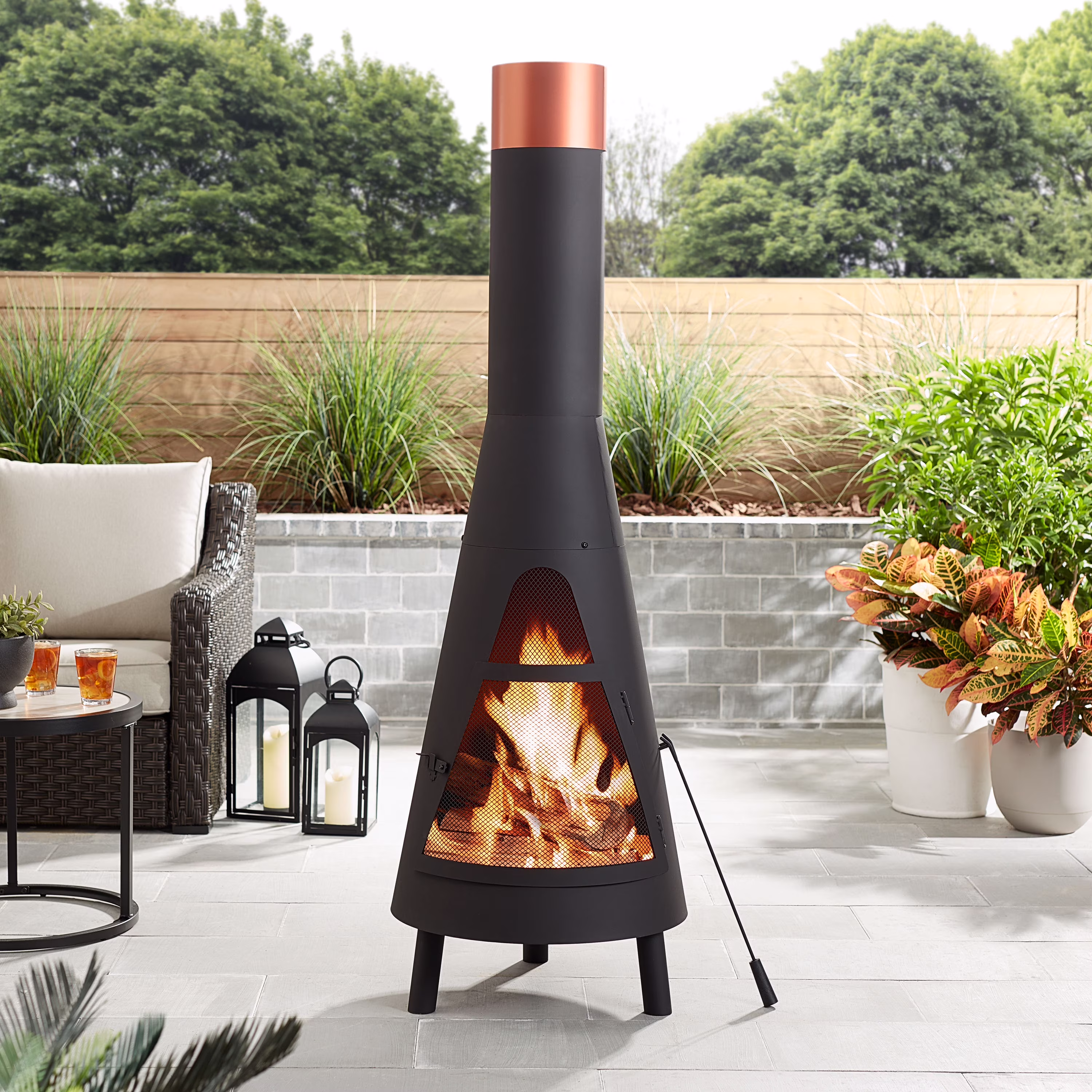 Mainstays 67�?Tall Round Powder-Coated-Black Finish Steel Wood Burning Chiminea