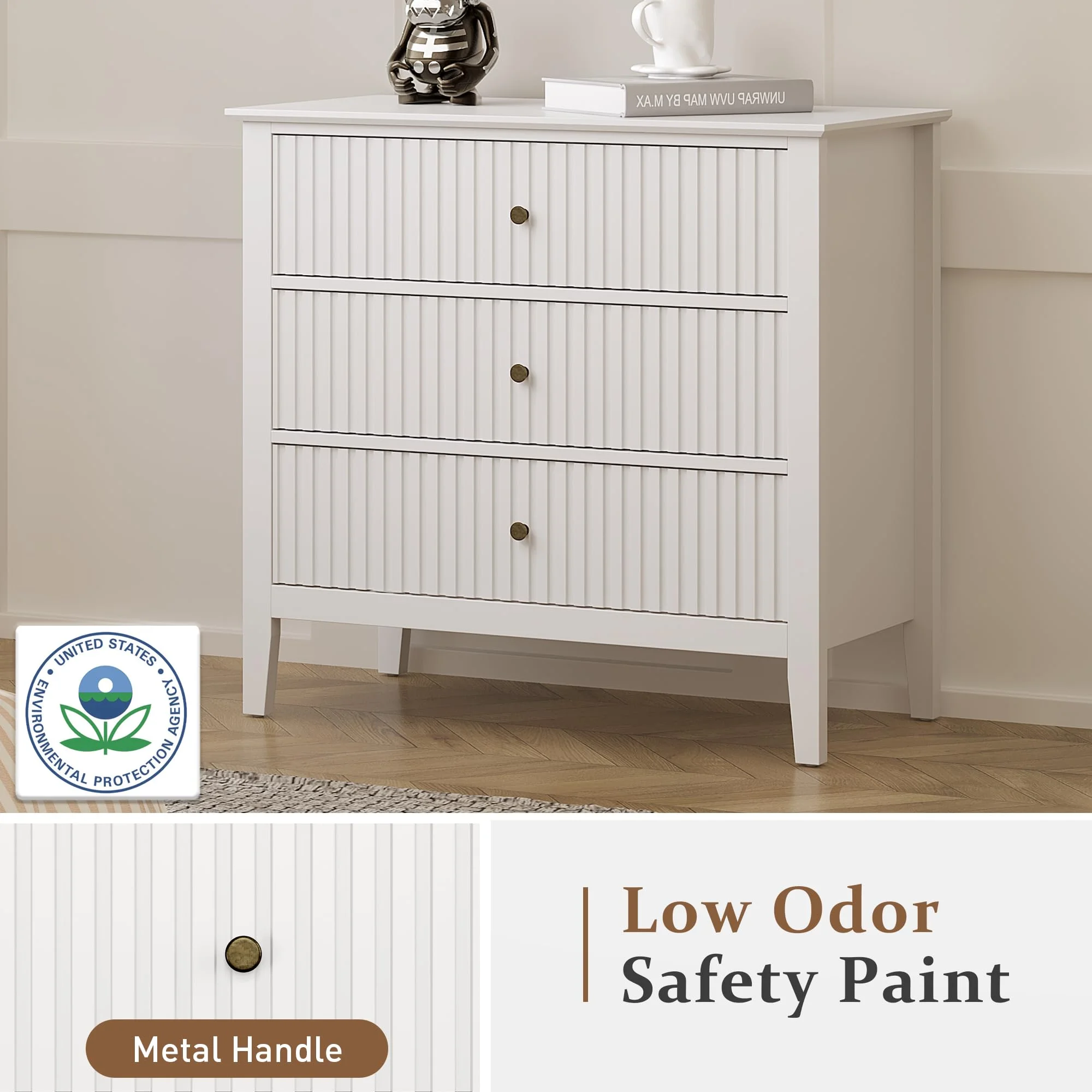 May Color Large White 3 Drawer Dresser Set of 2 with Fluted Panel, Modern Chest of Drawers with Silent Slide Drawers, Wood Accent Nightstand with Storage for Bedroom Living Room, Hallway - Image 35