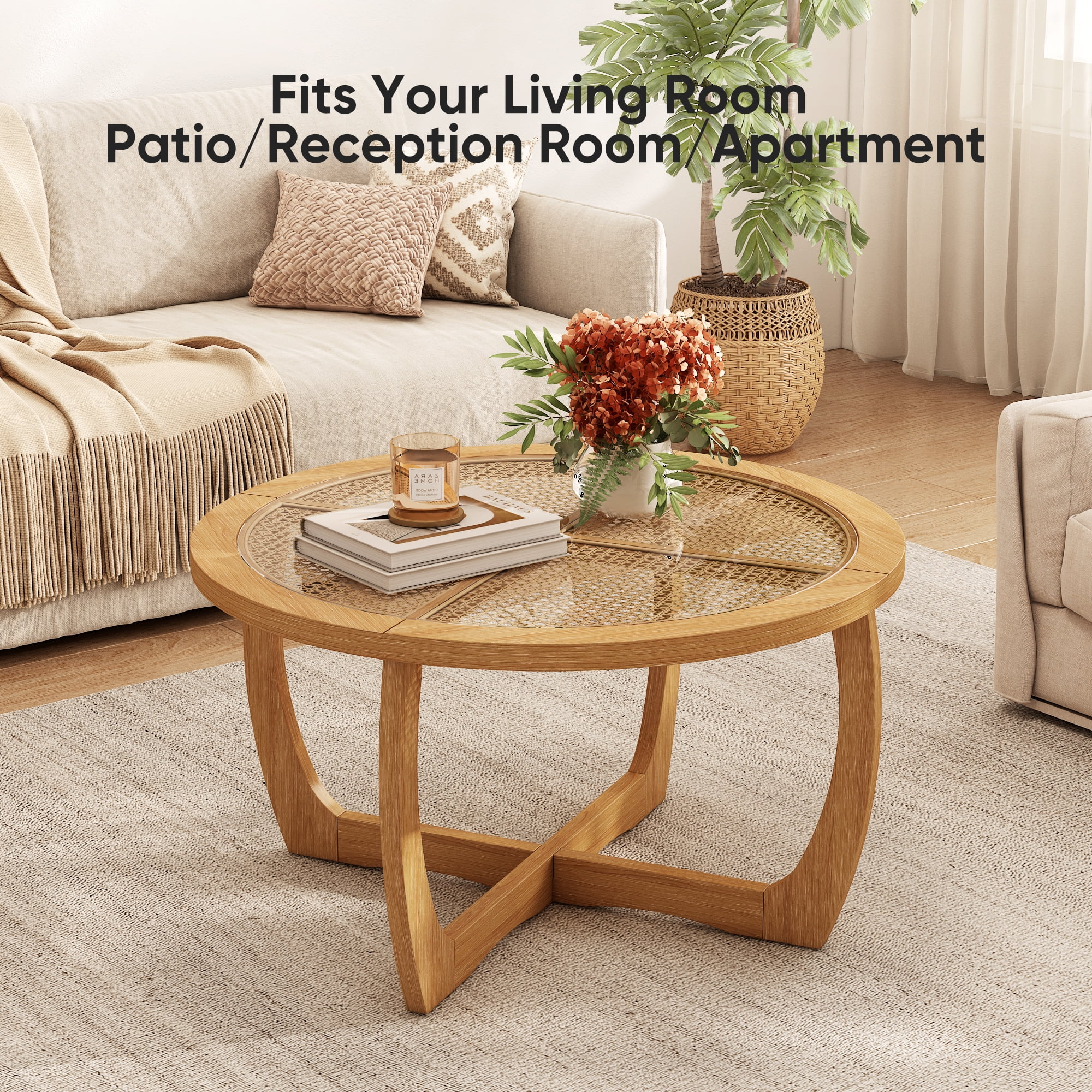 Round Wood Coffee Table with Glass Rattan Top, Wooden Circle Center Table with Curved Legs & Removeable Tempered Glasstop, Cocktail Table for Living Room, Light Brown 32.28