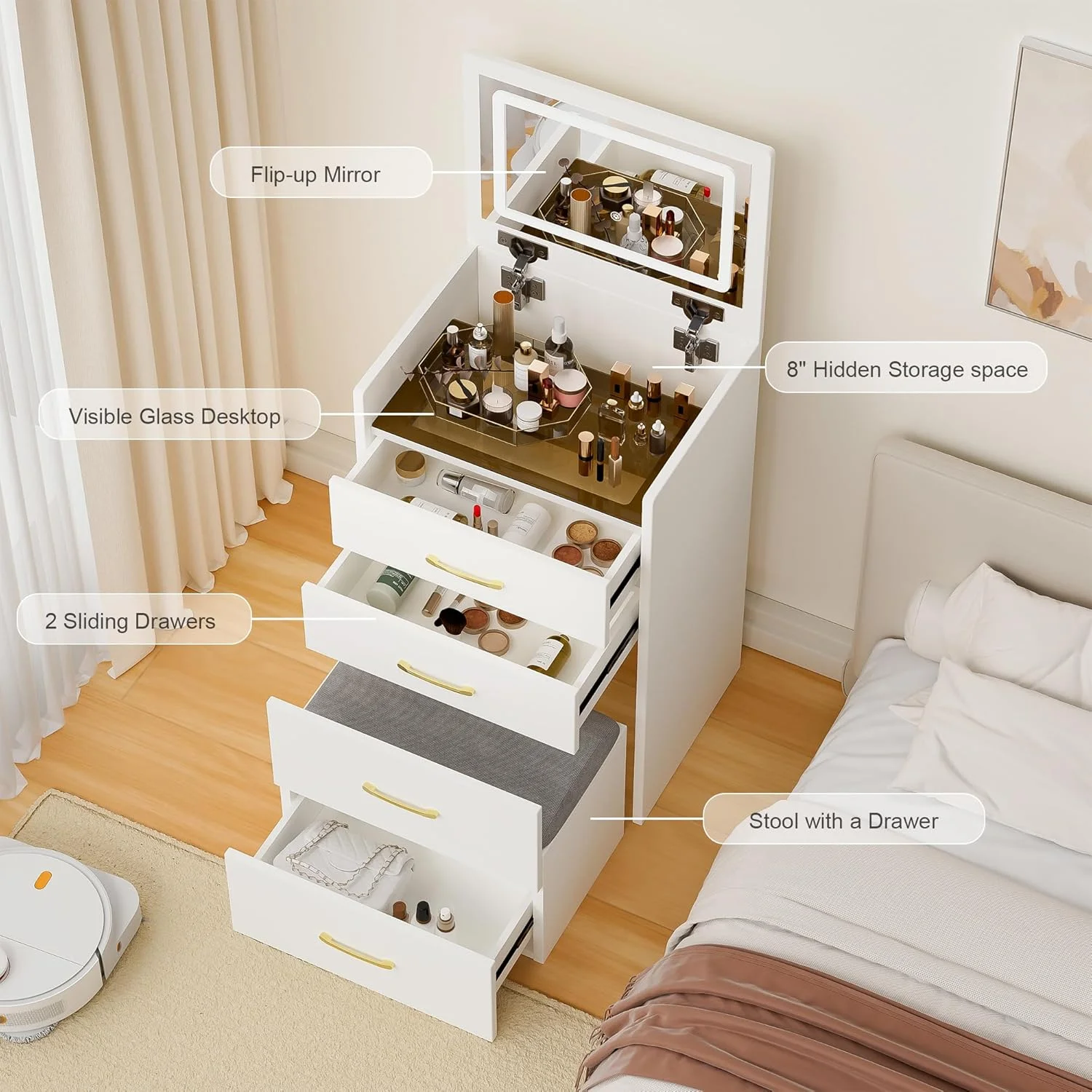Montary Modern Mini Vanity w/Adjustable LED Mirror + Hidden Storage, Padded Stool & Dustproof Shelves (White) - Image 118