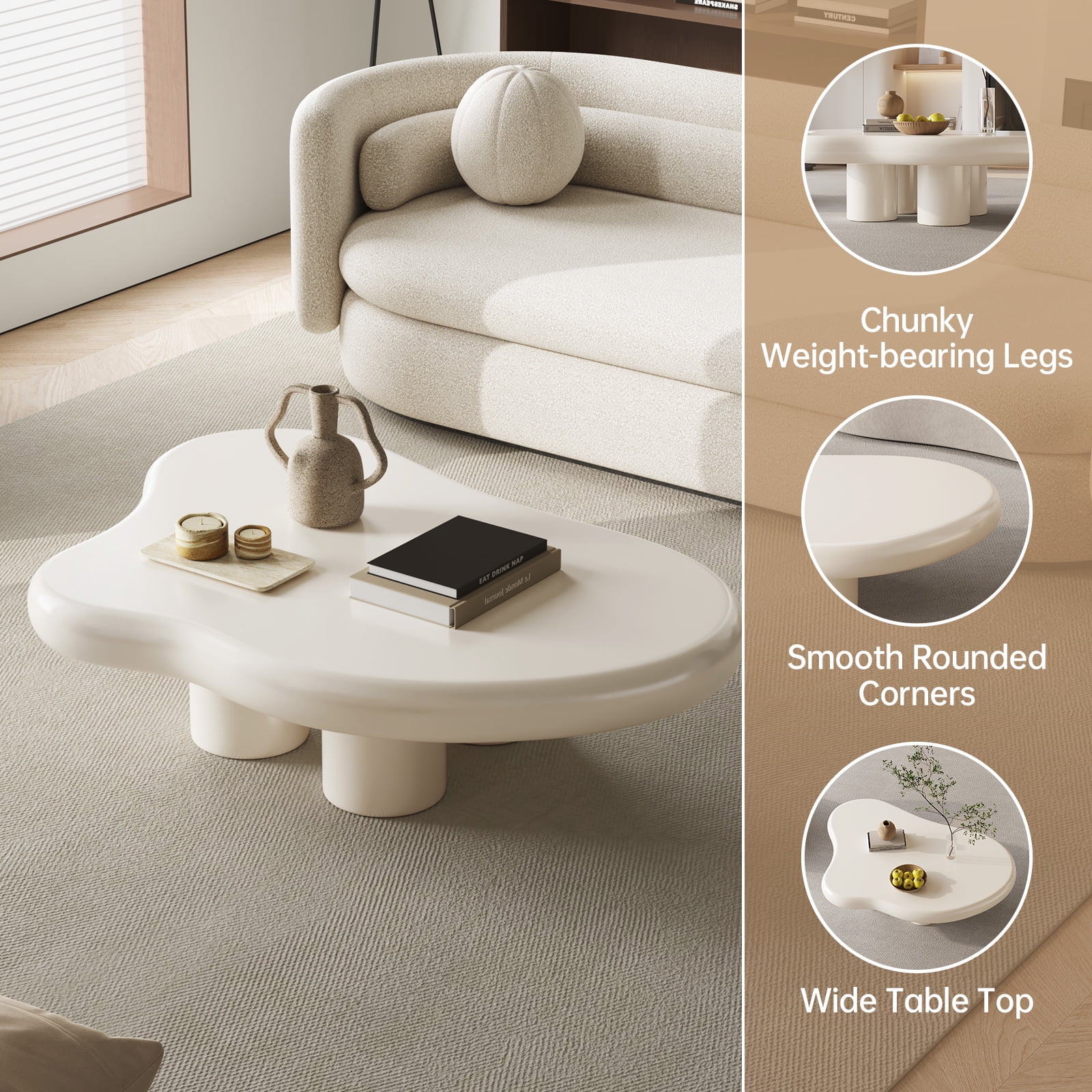 Guyii Cream White Coffee Table with 4 Legs, Irregular Side Table, Modern Wood Tea Table for Living Room, Apartment, Office - Image 5