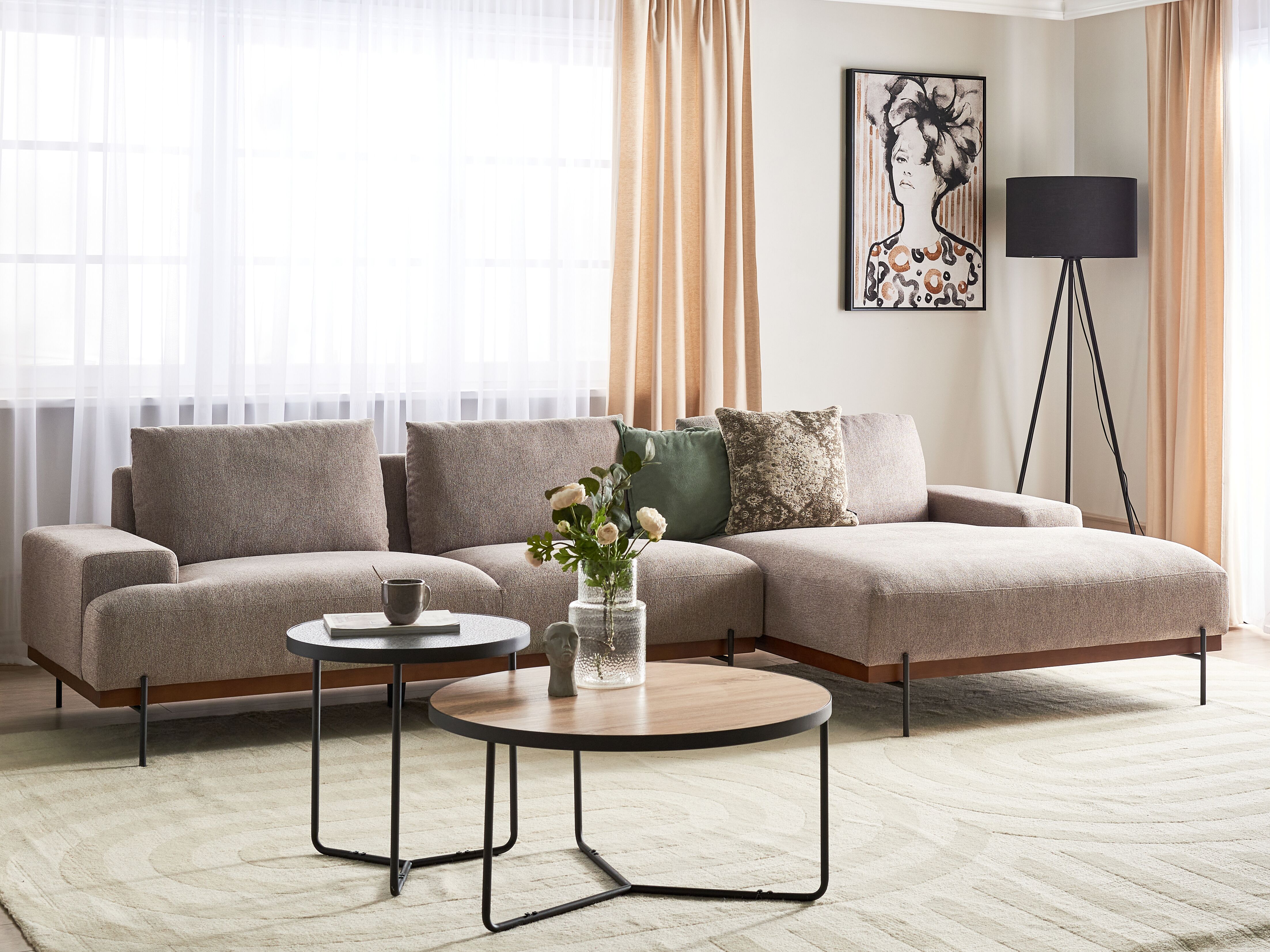 Corner Sofa 4 Seater MARIFERD Fabric Light Brown Left Hand