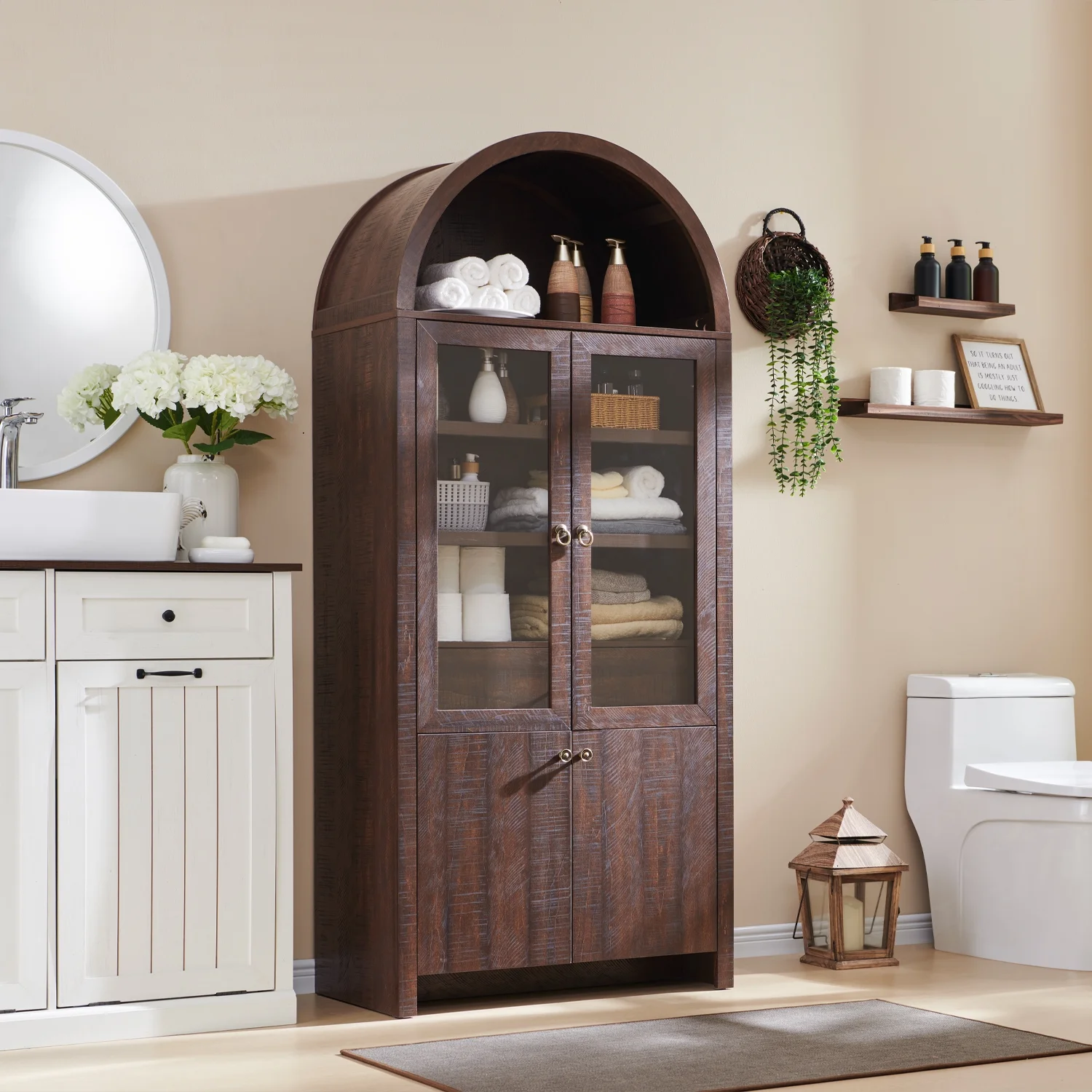 IFGET 71-Inch Arched 4-Tier Bookcase with Glass Doors and Drawers - Image 43