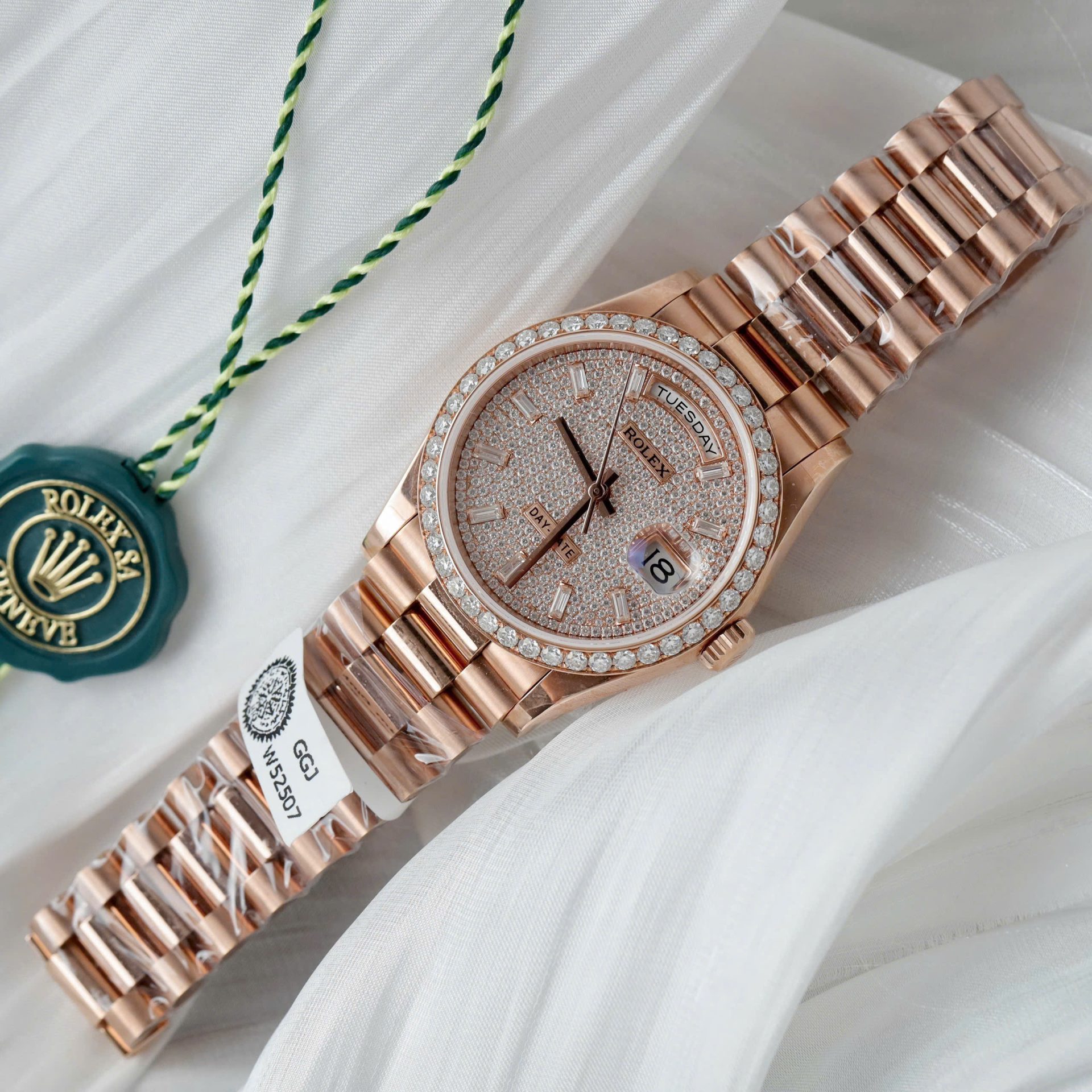 Rolex Day-Date Copies Watches 18K Rose Gold Wrapped + Moissanite Diamonds GM Factory 36mm - Elite Watch Atelier