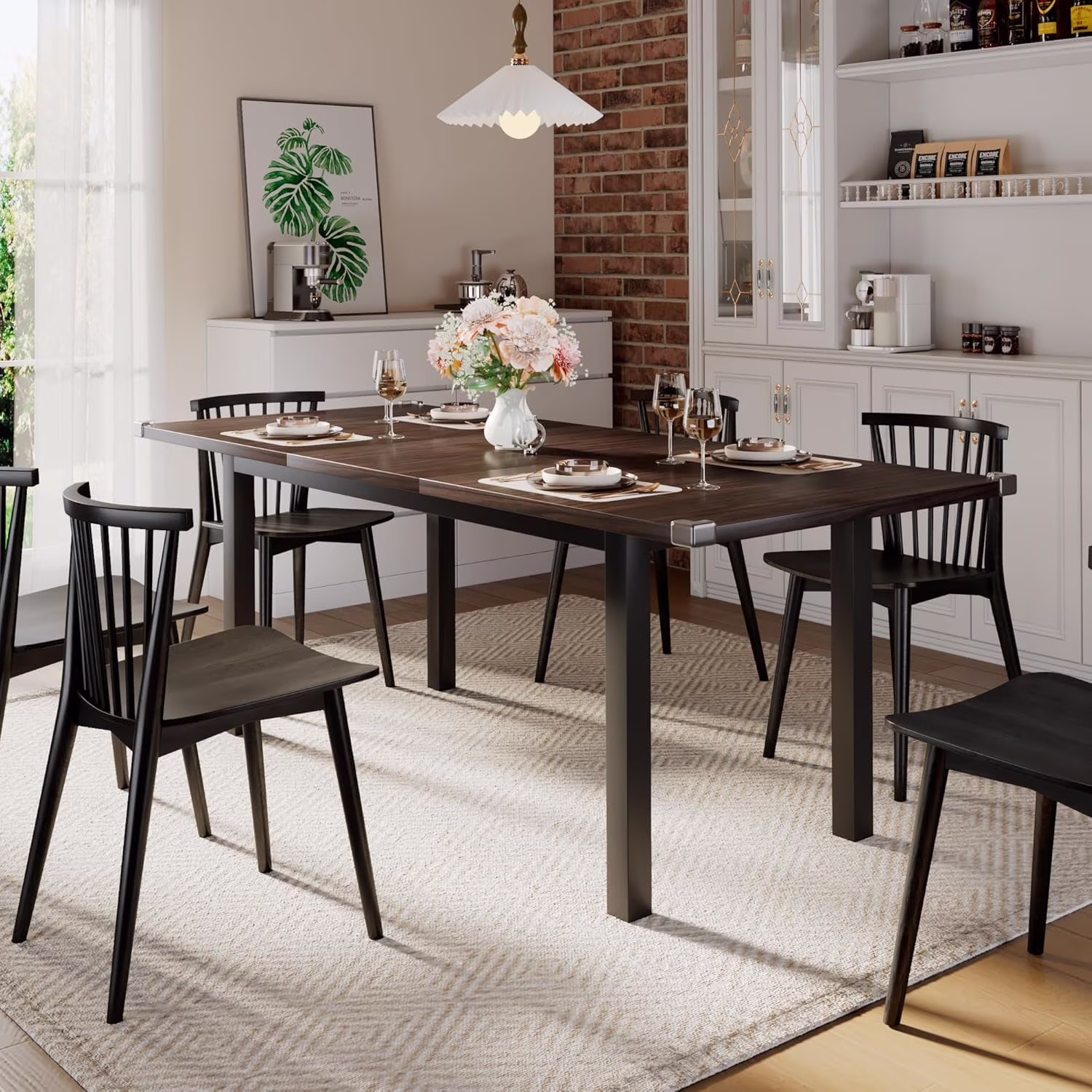 iPormis 63" Extendable Dining Table for 4-8, Square Wooden Dining Room Table with Metal Base, Modern Extendable Table for Small Kitchens, Dining Office Areas, Black - Image 7