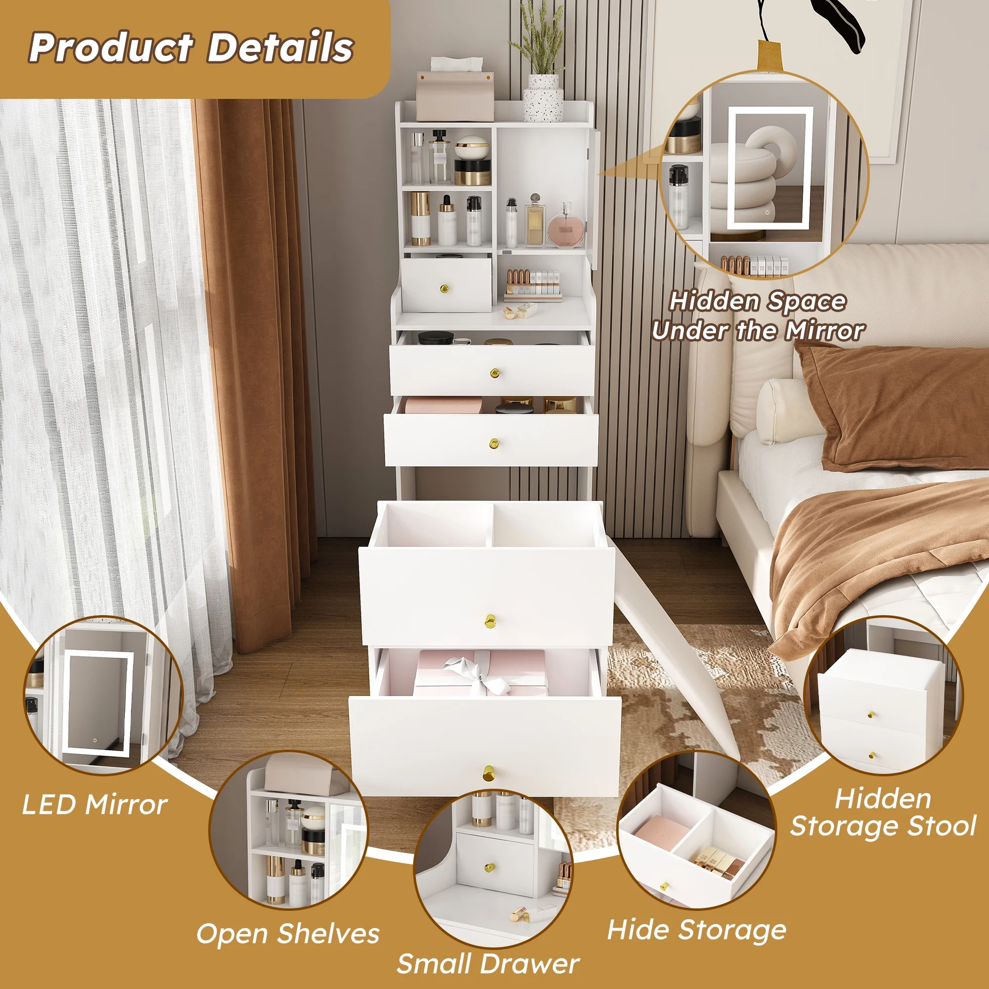Montary Modern Mini Vanity w/Adjustable LED Mirror + Hidden Storage, Padded Stool & Dustproof Shelves (White) - Image 47
