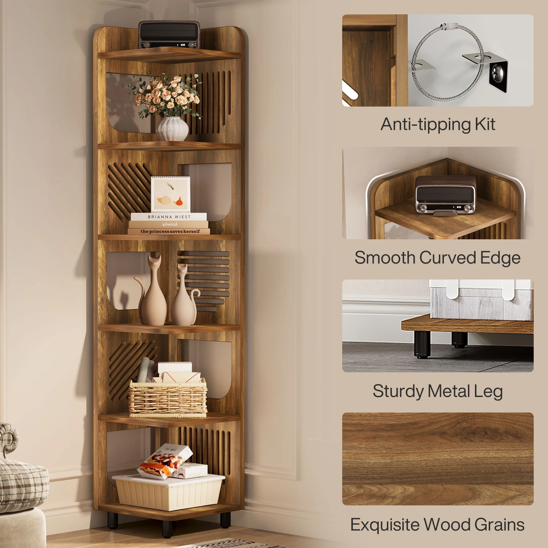 Fnova 71" 6-Tier Tall Corner Bookshelf, Rustic Wooden Narrow Corner Bookcase with Artistic Square Rack, Freestanding Display Storage Shelf for Space-Saving Home Organizing - Image 27