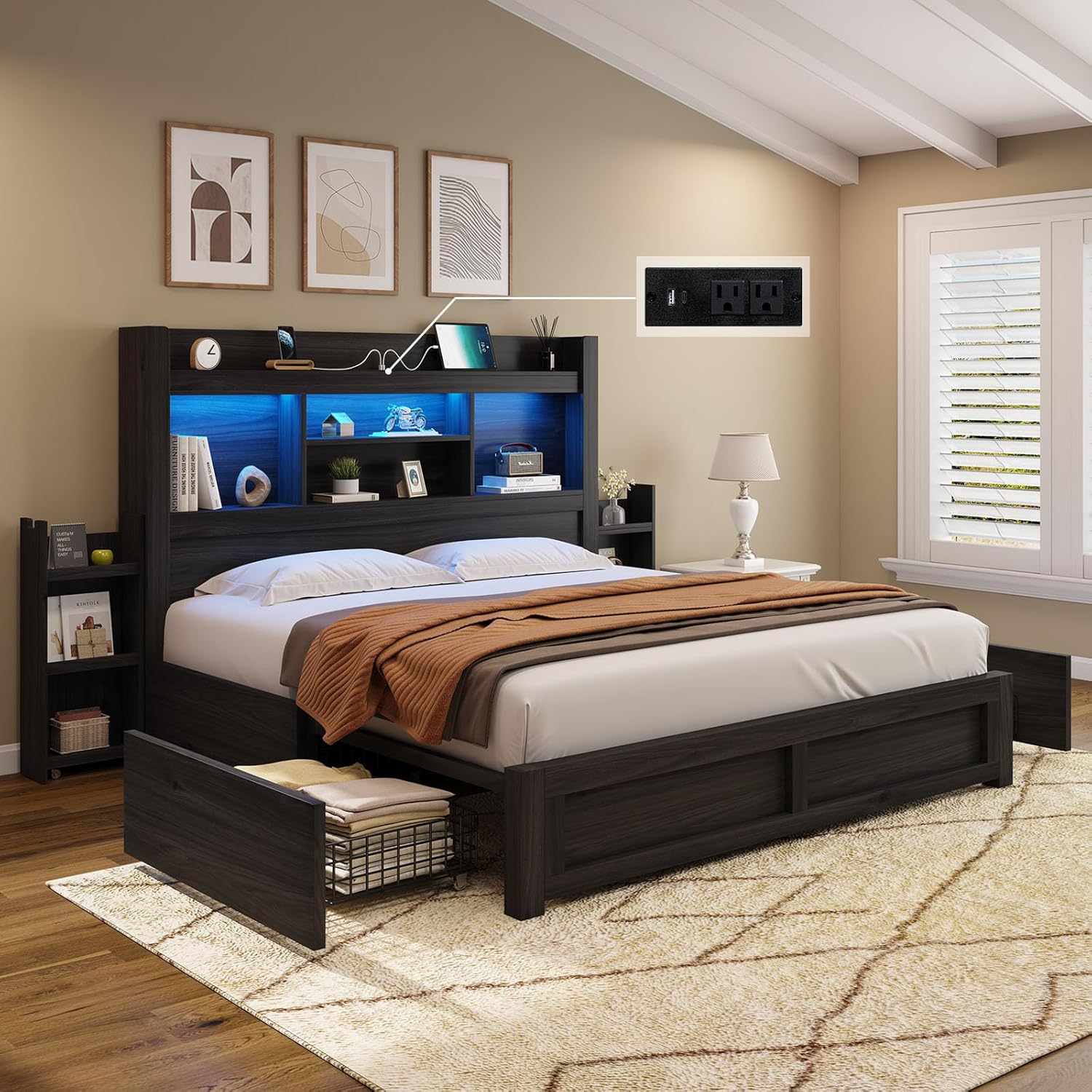 AMERLIFE Queen Bed Frame with 4 Storage Drawers, LED Bed Frame with 49.6