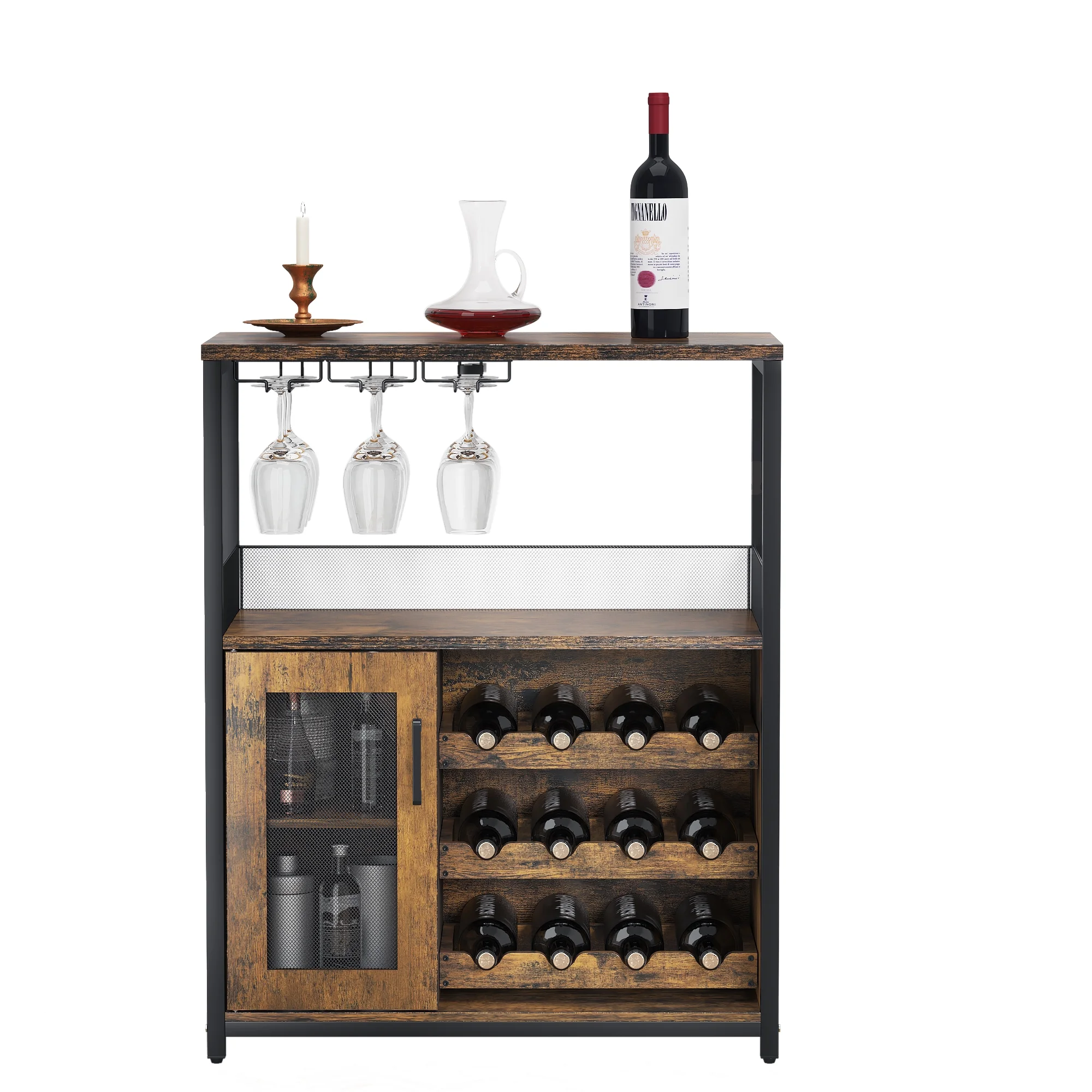 Wine Cabinet Bar Cabinet with Removable Wine Rack, Wine Cabinet and Wine Glass Bar Cabinet with Glass Rack and Mesh Door, Wine Cabinet with Reasonable Functional Partitioning