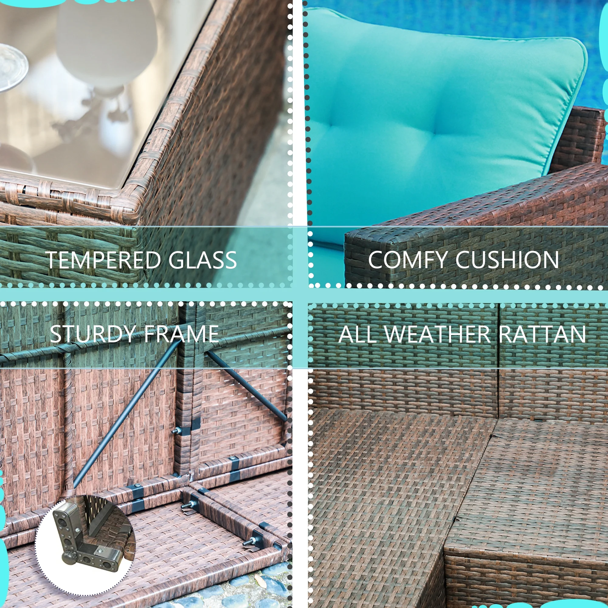JOIVI 3 Pieces Patio Conversation Set, PE Wicker Rattan Outdoor Furniture Set, 2 Ways Small Sectional Sofa, Tempered Glass Coffee Table, Silver-Gray - Image 52