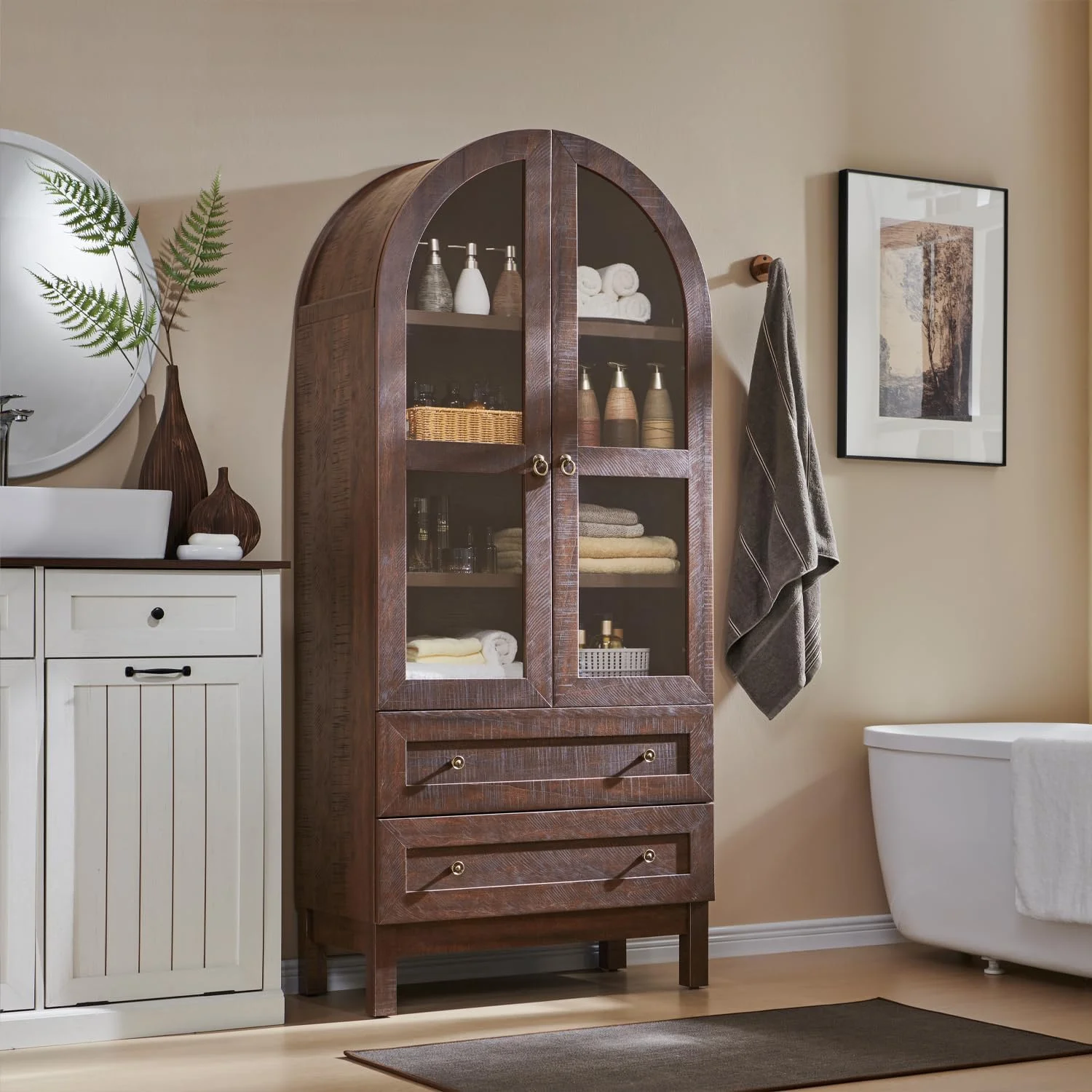 IFGET 71-Inch Arched 4-Tier Bookcase with Glass Doors and Drawers - Image 29