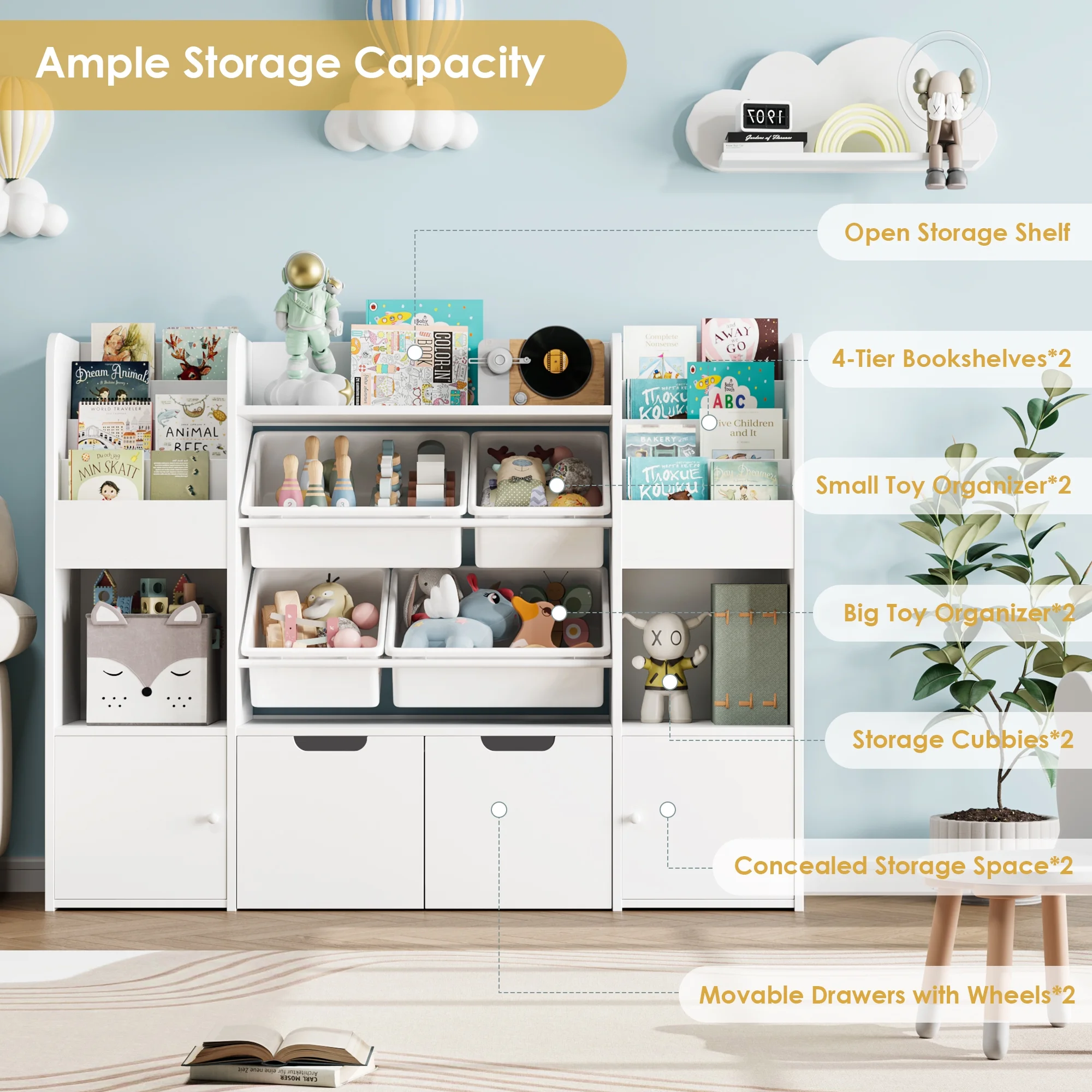 Hiphuta Kids Bookcase Toy Storage Organizer, Wooden Toy Organizer of 4 Bins& 2 Removable Drawers for Home Bedroom, Kids Bookshelf Toy Box with Book Rack, White - Image 2