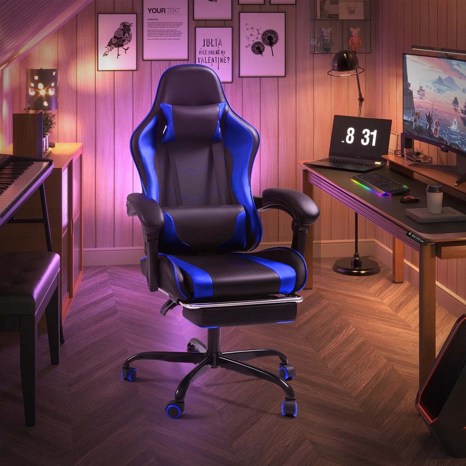 Lacoo PU Leather Gaming Chair Massage Ergonomic Gamer Chair Height Adjustable Computer Chair with Footrest & Lumbar Support, White - Image 28