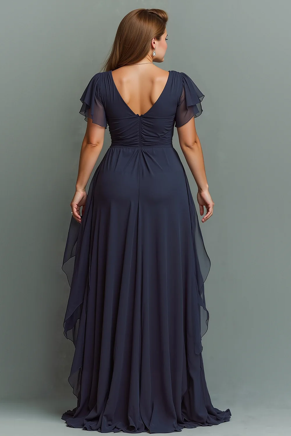 Navy Chiffon V-Neck A Line Ruched Long Mother Of The Bride Dress with Ruffles